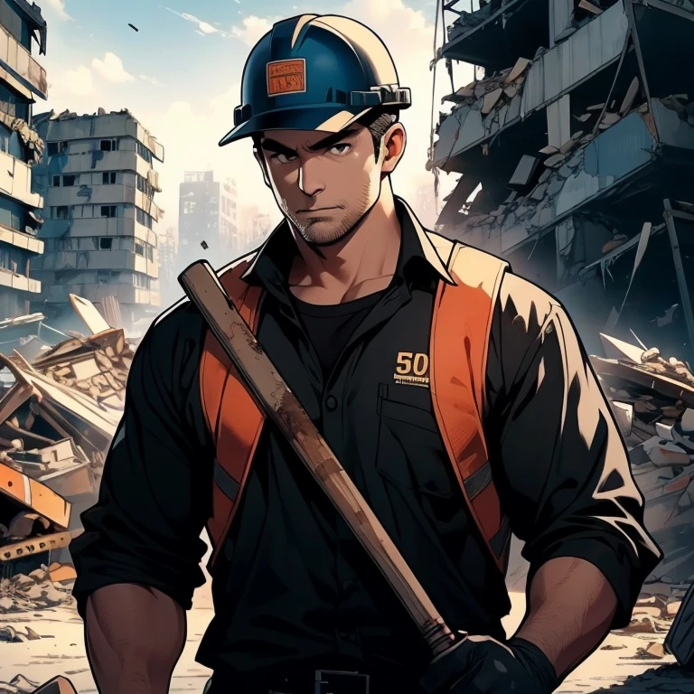 Looking at viewer, black eyes, figure holding a large hammer, ultra realistic capture, high definition, high resolution 16K human skin close-ups. Skin should be healthy and even in tone. Natural light and colors shall be used. In front of heavy equipment, Japanese, 50s, (building demolition site: 1.3), uncle, black GI cut, construction worker, ((construction safety helmet: 1.1)), (dirty work clothes: 1.1)), stubble, rugger man body type,