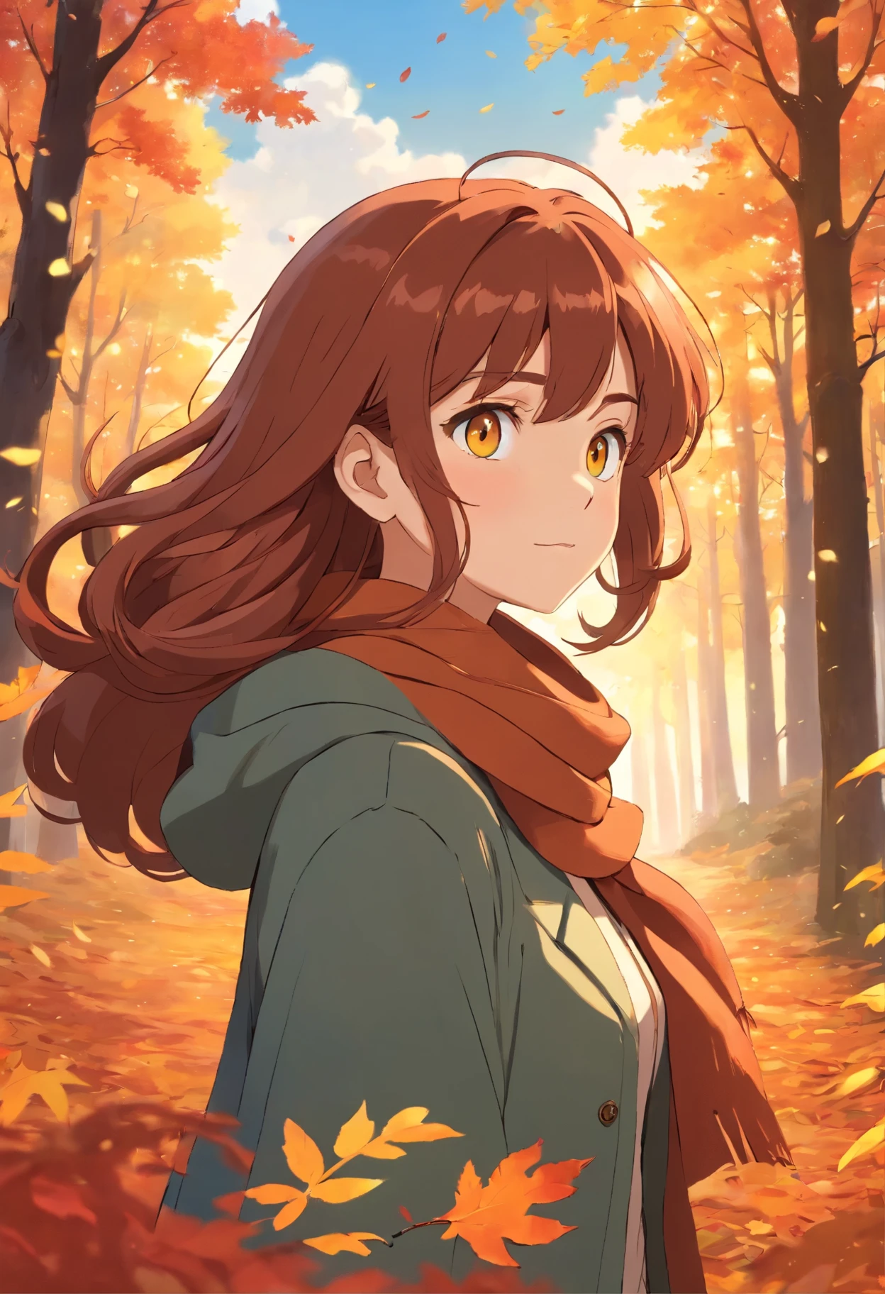 1girl, vibrant autumn leaves swirling, auburn hair, golden eyes reflecting sunset hues, cozy woolen scarf, warm earthy tones, nestled by a forest edge, gentle breeze, masterpiece, best quality,, official art, Professional, unity 8k wallpaper