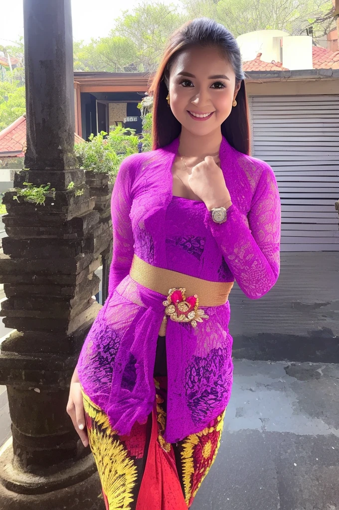 (Best quality, high resolution, Masterpiece: 1.3), a beautiful woman with a slender figure, (dark brown layered hairstyle), wearing a pendant, ((kebaya_bali)) outdoors, scenic beauty, with the background of traditional ceremonies, details in face and skin texture beautifully rendered, details eyes, (best quality, high resolution, masterpiece: 1.3), a beautiful woman with a slim figure, (dark brown layered hairstyle),((kebaya_bali)), outdoors, with the background of traditional ceremonies, details in face and skin texture beautifully rendered, detail eyes, double eyelids, seductive laugh, feminine laugh, seductive pose