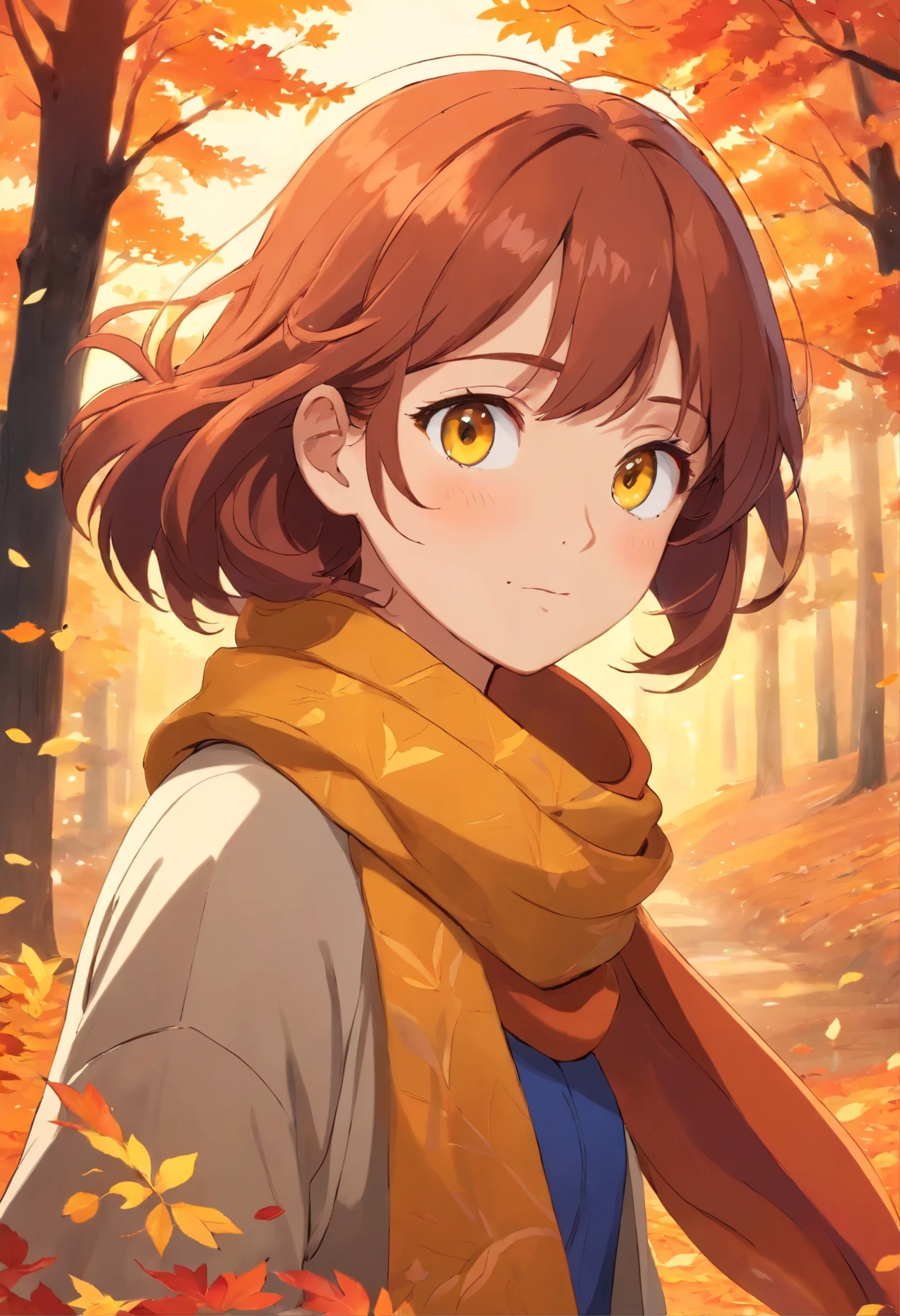 1girl, vibrant autumn leaves swirling, auburn hair, golden eyes reflecting sunset hues, cozy woolen scarf, warm earthy tones, nestled by a forest edge, gentle breeze, masterpiece, best quality,, official art, Professional, unity 8k wallpaper