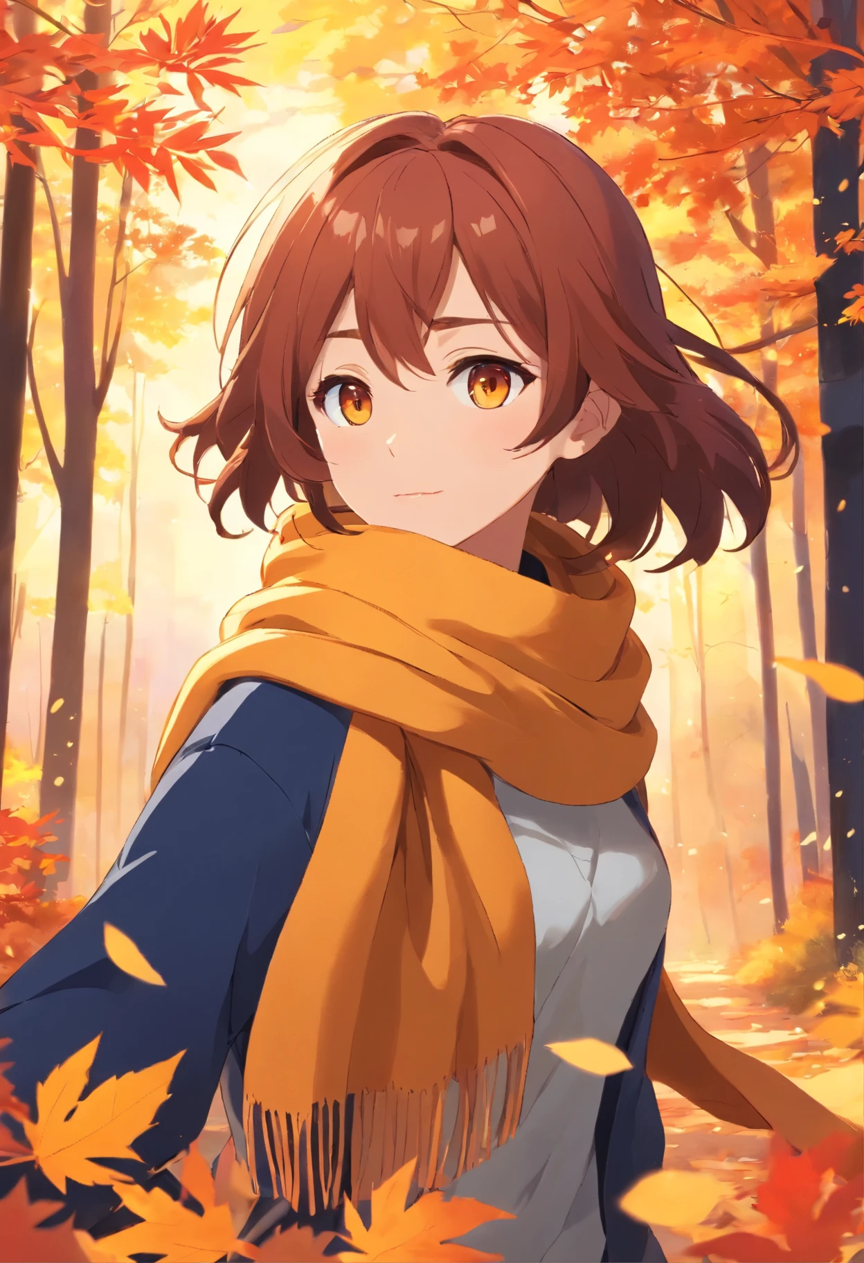 1girl, vibrant autumn leaves swirling, auburn hair, golden eyes reflecting sunset hues, cozy woolen scarf, warm earthy tones, nestled by a forest edge, gentle breeze, masterpiece, best quality,, official art, Professional, unity 8k wallpaper