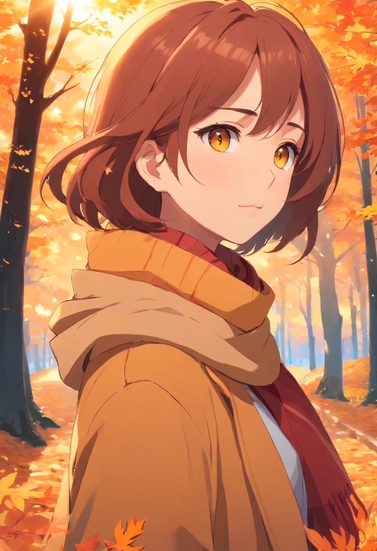 1girl, vibrant autumn leaves swirling, auburn hair, golden eyes reflecting sunset hues, cozy woolen scarf, warm earthy tones, nestled by a forest edge, gentle breeze, masterpiece, best quality,, official art, Professional, unity 8k wallpaper