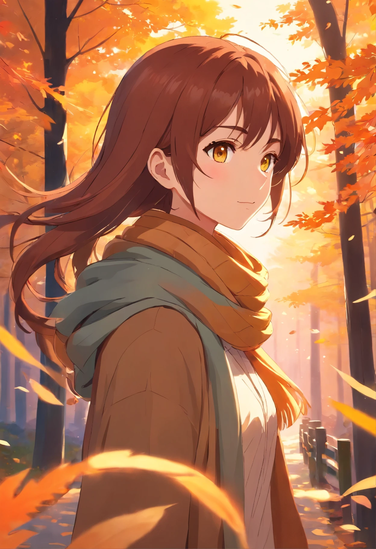 1girl, vibrant autumn leaves swirling, auburn hair, golden eyes reflecting sunset hues, cozy woolen scarf, warm earthy tones, nestled by a forest edge, gentle breeze, masterpiece, best quality,, official art, Professional, unity 8k wallpaper