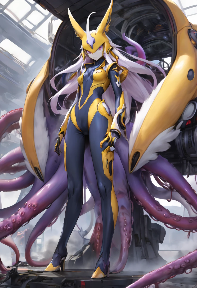 4K，real，realistic，near future，NSFW，transformation，porn，adult，Renamon and the giant battle mecha，livingclothes，The pilot is inside a giant battle mech.，Pilot details(full body concept art，Renamon is the pilot，Height: 160cm，The pilot is in front of a giant battle mech.，The pilot is wearing a Renamon-type tight skin suit.，face:Renamon type full face helmet，tentacle cockpitに跨がる，attached to tentacles，fuck pussy with tentacles，Renamon&#39;s tight skin suit is sticky and glossy with mucus.，A fluffy fox tail is growing，evil depravity，carnage)，Details of the giant battle mecha(full body concept art，Humanoid，Looks like a fusion of Renamon and a dragon，symbiote，evil depravity，Height 40 meters，It has a fluffy tail.，fox ears，standing behind the pilot)，tentacle cockpit，Inside the cockpit(The cockpit is covered in tentacles，there is a pilot，sitting in a tentacle-shaped cockpit