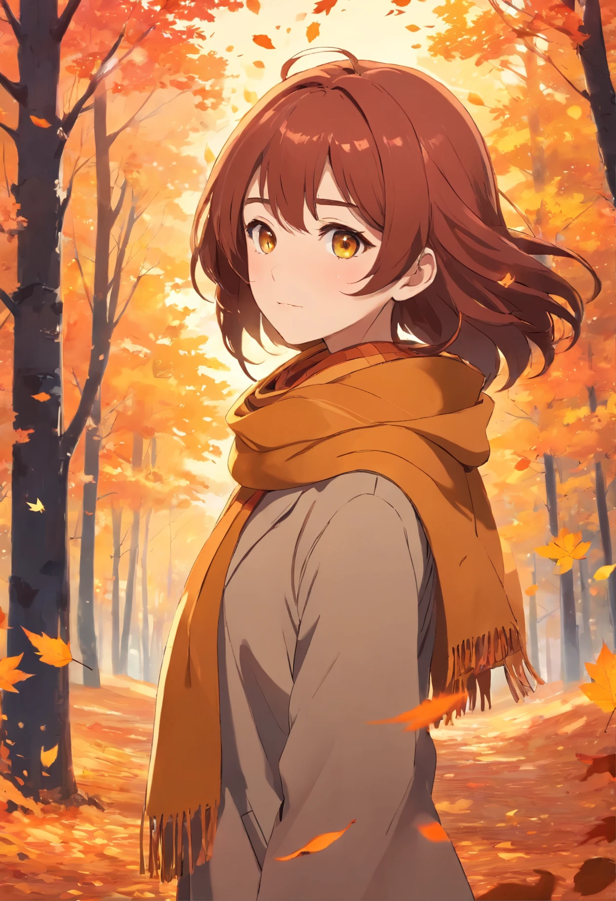 1girl, vibrant autumn leaves swirling, auburn hair, golden eyes reflecting sunset hues, cozy woolen scarf, warm earthy tones, nestled by a forest edge, gentle breeze, masterpiece, best quality,, official art, Professional, unity 8k wallpaper