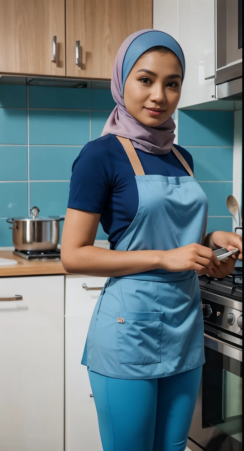 Femme en tablier bleu et pantalon bleu debout dans la cuisine avec  cuisinière - SeaArt AI