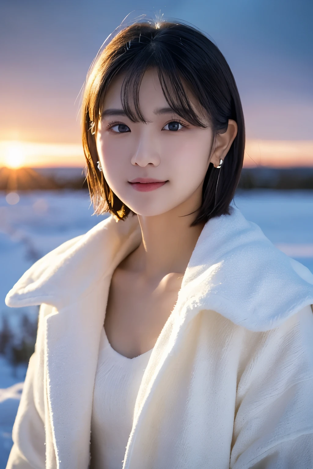 1 girl, (White winter clothes:1.2), beautiful japanese actress, 
photogenic, Yukihime, long eyelashes, snowflake earrings,
(Raw photo, best quality), (Reality, photorealistic:1.4), (muste piece), 
beautiful detailed eyes, beautiful detailed lips, highly detailed eyes and face, 
BREAK is
(Frozen snow field in winter Lapland), 
(The darkness has fallen、A trace of deep vermilion remains on the horizon.:1.4), 
Snowy field landscape at dusk, snow covered tree々, Blizzard, 
Indigo and dark vermilion color scheme, dramatic writing, A desolate landscape, 
BREAK is 
Perfect Anatomy, whole body slender, small breasts, (short hair:1.3), angel&#39;s smile, 
crystal-like skin, make eyes clear, catch light