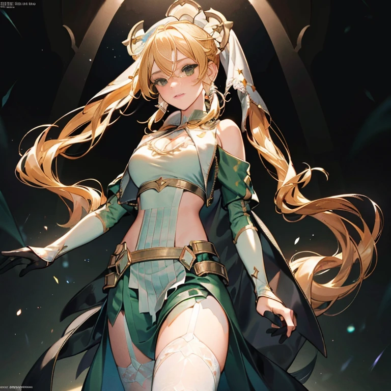 (Very good image quality), ((1 europian girl)), (in the center:1.4), cute girl, 16 years old,  Emerald green hair, long twin tails hair, back braid, low braid, bangs covering one eye, white veil, beret, silver tiara, brown eyes,(medium breasts:1.3), black blindfold, (chain) (bracelet with chain), (leg rings with chains)(chain connected to the wall), fully extended arms, fully extended legs, magical girl, off-shoulder, Kimono over bikini,pleated skirt, spreading skirt, bikini that can be worn inside, lace fabric bikini, black bikini, garter belt, Thigh-high socks, exhaustion, blushing, sweatyumekawa,yumekawaii,pastel color,(wonderland garden:1.3),rainbow waterfall,dripping ink,imagination,(Castle:1.4),
