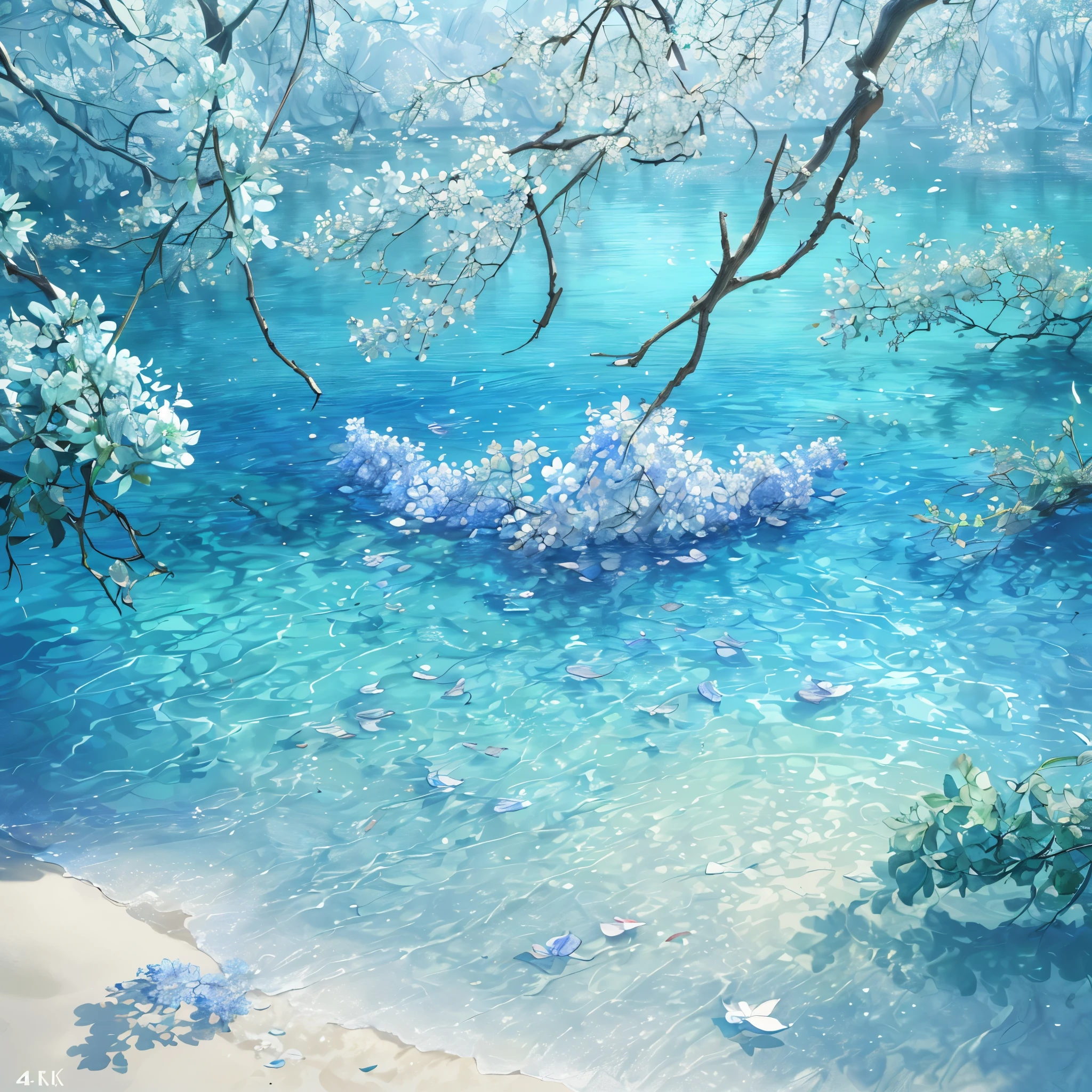 (melhor qualidade,4K,8K,alta resolução,Obra de arte:1.2), ultra-detalhado, (fotorrealista:1.37), (CG:1.1) (melhor qualidade) de uma natureza, blue sea with delicately colored tree leaves e flower petals falling in the air, Rastreamento de luz, ultra-detalhado, (Melhores sombras) e (ilustrações).