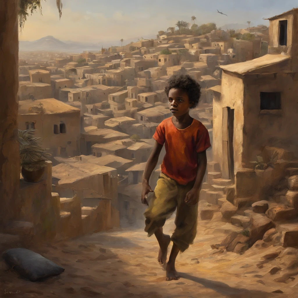 A poor egyptian boy in a favela in cairo drawn by Todd McFarlane and Greg Capullo, he is wearing old and torn clothes, he is playing with a soccer ball, favela in Rio de Janeiro in the background, robert downey jr reference, unreal engine, octane render, by Jacob Lawrence and Francis picabia, perfect composition, beautiful detailed intricate insanely detailed octane render trending on artstation, 8 k artistic photography, photorealistic concept art, soft natural volumetric cinematic perfect light, chiaroscuro, award - winning photograph, masterpiece, oil on canvas, raphael, caravaggio, greg rutkowski, beeple, beksinski, giger, nice perfect face with perfect face, the detail, highly detailed, realistic photo