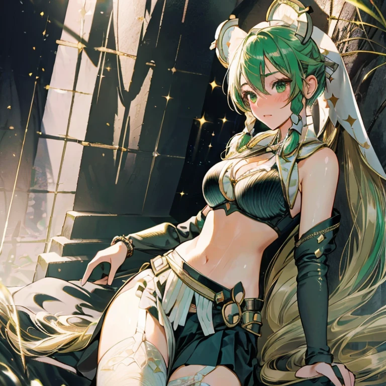 (Very good image quality), ((1 europian girl)), (in the center:1.4), cute girl, 16 years old,  Emerald green hair, long twin tails hair, back braid, low braid, bangs covering one eye, white veil, beret, silver tiara, brown eyes,(medium breasts:1.3), black blindfold, (chain) (bracelet with chain), (leg rings with chains)(chain connected to the wall), fully extended arms, fully extended legs, magical girl, off-shoulder, Kimono over bikini,pleated skirt, spreading skirt, bikini that can be worn inside, lace fabric bikini, black bikini, garter belt, Thigh-high socks, exhaustion, blushing, sweatyumekawa,yumekawaii,pastel color,(wonderland garden:1.3),rainbow waterfall,dripping ink,imagination,(Castle:1.4),
