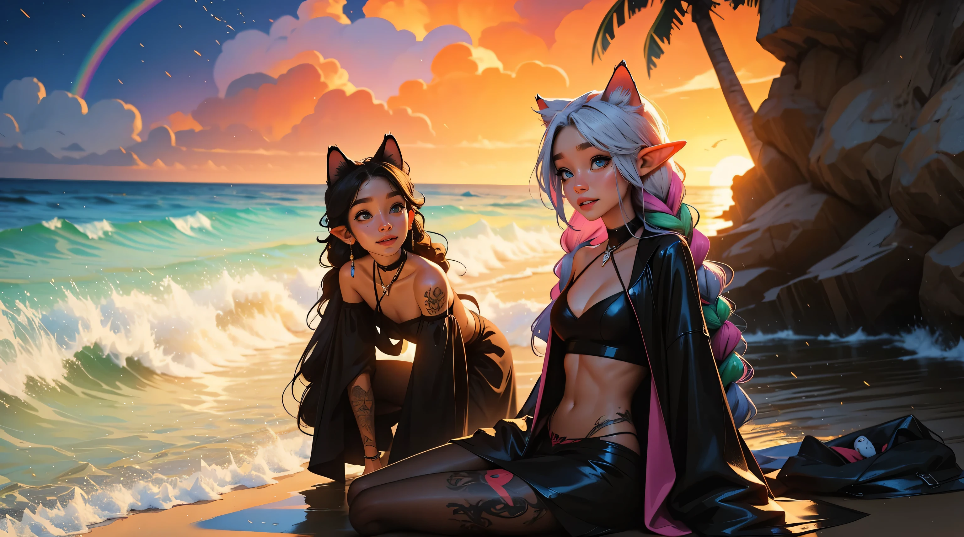 2 elf girls, 19 years old, multicolor hair, long braids, cat ears, sunset, beach, waves, fireflies, extreme abs, cute face, smiling, gothic fashion, tattoos, fluorescent, magical scene, beautiful, fashion, splash of color, paint splatter, rainbow lights,