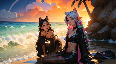 2 elf girls, 19 years old, multicolor hair, long braids, cat ears, sunset, beach, waves, fireflies, extreme abs, cute face, smil...