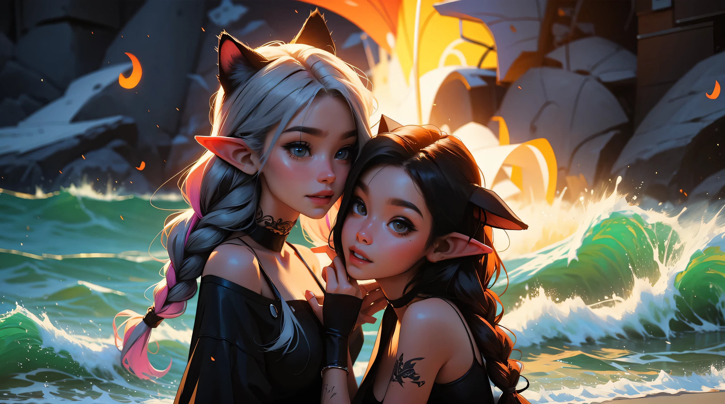 2 elf girls, 19 years old, multicolor hair, long braids, cat ears, sunset, beach, waves, fireflies, extreme abs, cute face, smiling, gothic fashion, tattoos, fluorescent, magical scene, beautiful, fashion, splash of color, paint splatter, rainbow lights,