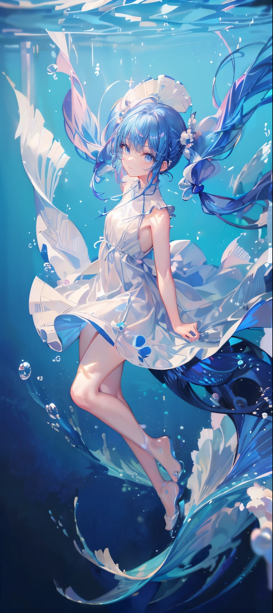 (muste piece), (best quality), very detailed, 1 girl, perfect face, (solo full body shot:1.3), very detailed顔，(Blue-haired twintails:1.5)，(blue eyes:1.4)，(in water:1.4)，(white dress:1.5)，Ocean，School of small fish，Light，bubble，jellyfish，Ocean Algae，Red fish，Yellow fish，Deep Ocean，fantasy，Ocean bottom，float，(Ocean bottom都市:1.4)，smile:1.3