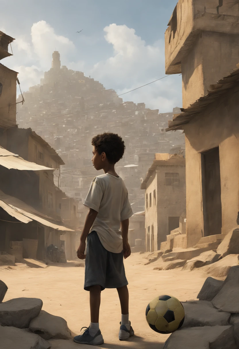 A poor egyptian boy in a favela in cairo drawn by Todd McFarlane and Greg Capullo, he is wearing old and torn clothes, he is playing with a soccer ball, favela in Rio de Janeiro in the background, robert downey jr reference, unreal engine, octane render, by Jacob Lawrence and Francis picabia, perfect composition, beautiful detailed intricate insanely detailed octane render trending on artstation, 8 k artistic photography, photorealistic concept art, soft natural volumetric cinematic perfect light, chiaroscuro, award - winning photograph, masterpiece, oil on canvas, raphael, caravaggio, greg rutkowski, beeple, beksinski, giger, nice perfect face with perfect face, the detail, highly detailed, realistic photo