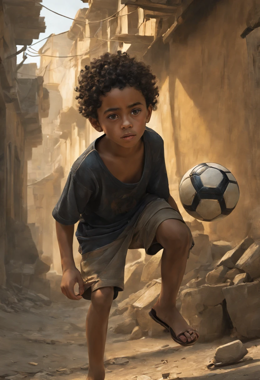 A poor egyptian boy in a favela in cairo drawn by Todd McFarlane and Greg Capullo, he is wearing old and torn clothes, he is playing with a soccer ball, favela in Rio de Janeiro in the background, robert downey jr reference, unreal engine, octane render, by Jacob Lawrence and Francis picabia, perfect composition, beautiful detailed intricate insanely detailed octane render trending on artstation, 8 k artistic photography, photorealistic concept art, soft natural volumetric cinematic perfect light, chiaroscuro, award - winning photograph, masterpiece, oil on canvas, raphael, caravaggio, greg rutkowski, beeple, beksinski, giger, nice perfect face with perfect face, the detail, highly detailed, realistic photo