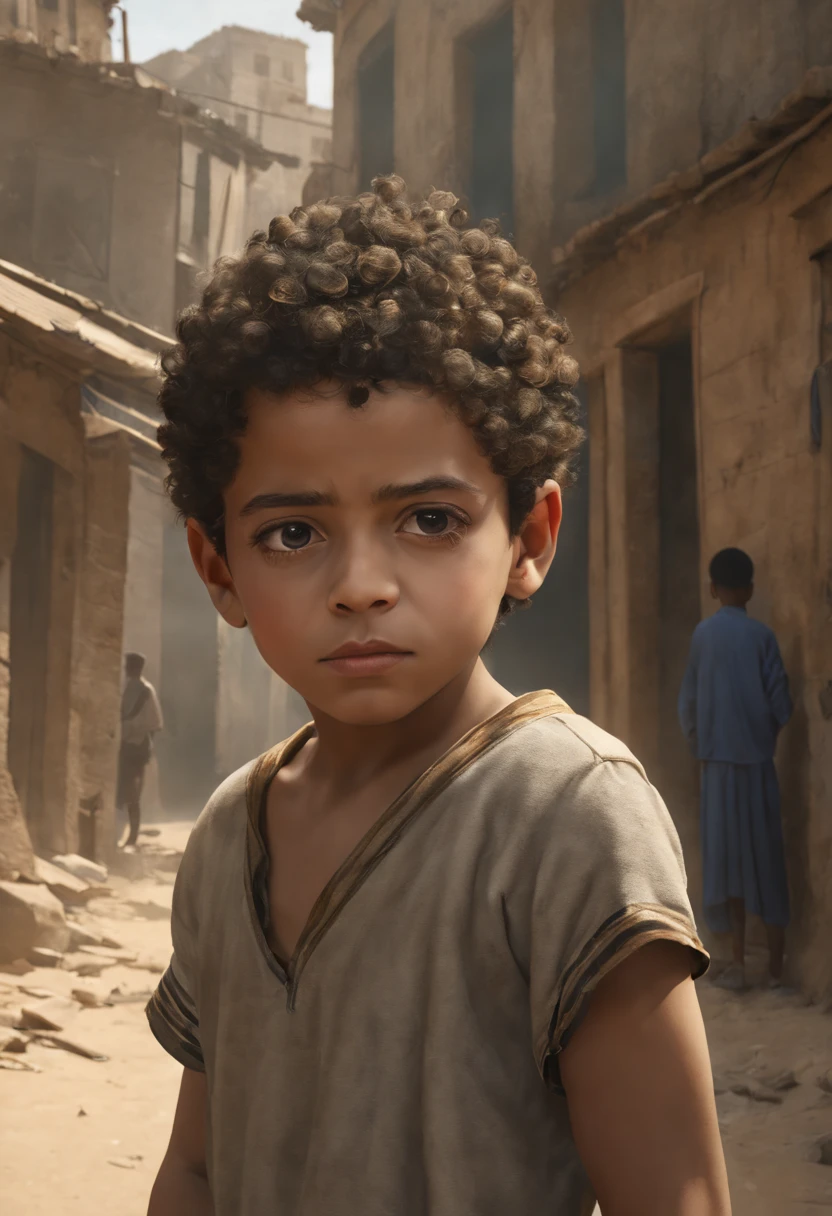 A poor egyptian boy in a favela in cairo drawn by Todd McFarlane and Greg Capullo, he is wearing old and torn clothes, he is playing with a soccer ball, favela in Rio de Janeiro in the background, robert downey jr reference, unreal engine, octane render, by Jacob Lawrence and Francis picabia, perfect composition, beautiful detailed intricate insanely detailed octane render trending on artstation, 8 k artistic photography, photorealistic concept art, soft natural volumetric cinematic perfect light, chiaroscuro, award - winning photograph, masterpiece, oil on canvas, raphael, caravaggio, greg rutkowski, beeple, beksinski, giger, nice perfect face with perfect face, the detail, highly detailed, realistic photo