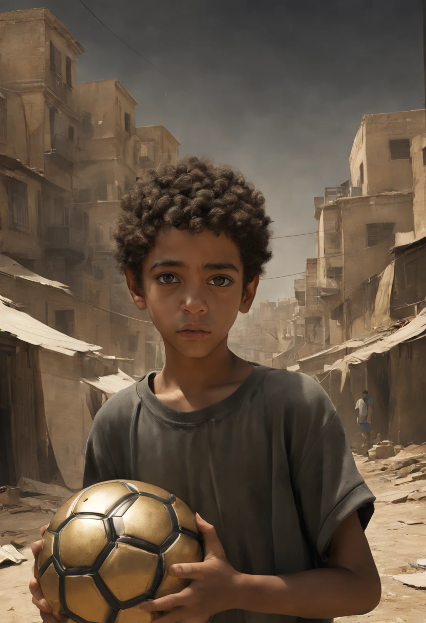 A poor egyptian boy in a favela in cairo drawn by Todd McFarlane and Greg Capullo, he is wearing old and torn clothes, he is playing with a soccer ball, favela in Rio de Janeiro in the background, robert downey jr reference, unreal engine, octane render, by Jacob Lawrence and Francis picabia, perfect composition, beautiful detailed intricate insanely detailed octane render trending on artstation, 8 k artistic photography, photorealistic concept art, soft natural volumetric cinematic perfect light, chiaroscuro, award - winning photograph, masterpiece, oil on canvas, raphael, caravaggio, greg rutkowski, beeple, beksinski, giger, nice perfect face with perfect face, the detail, highly detailed, realistic photo