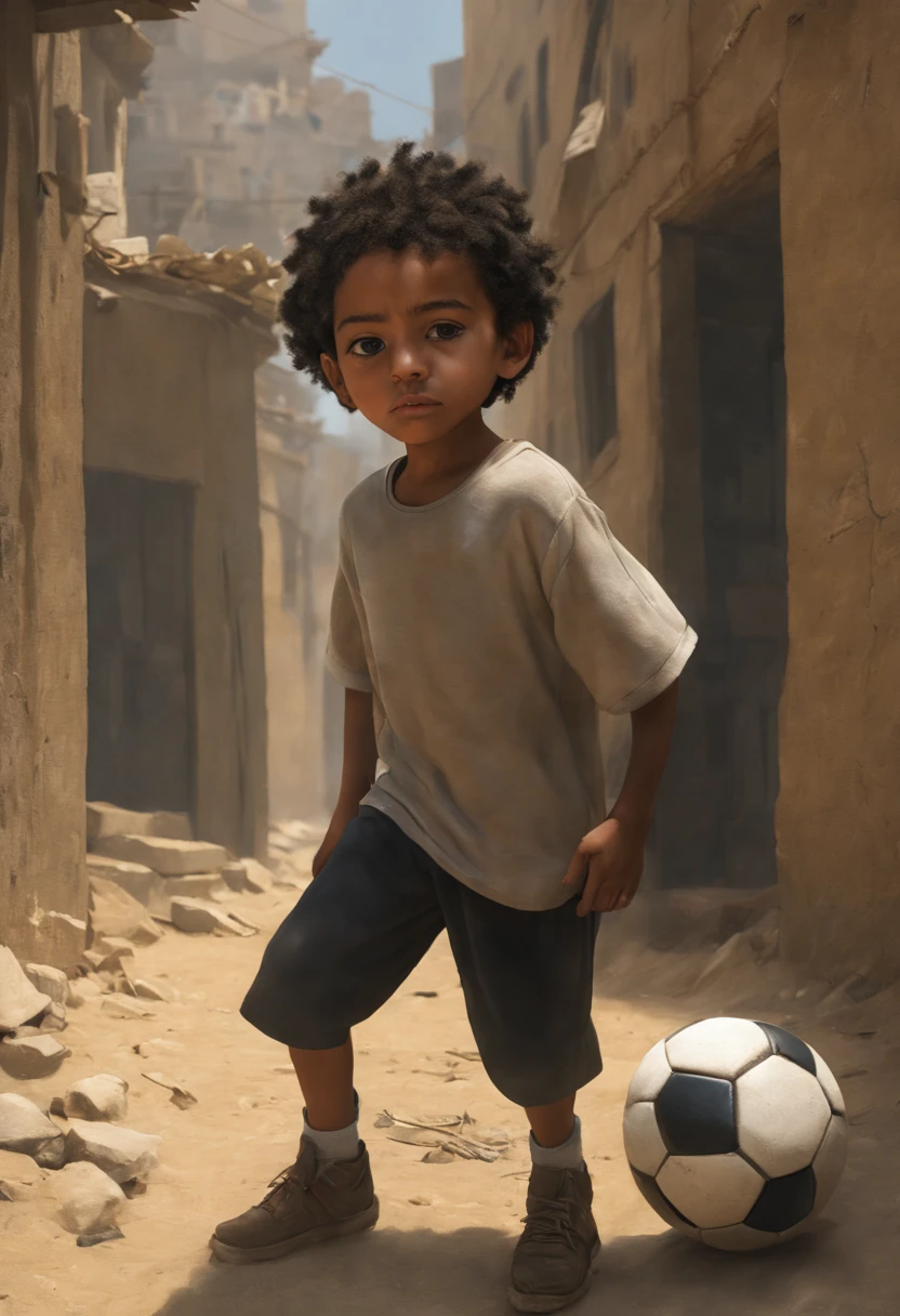 A poor egyptian boy in a favela in cairo drawn by Todd McFarlane and Greg Capullo, he is wearing old and torn clothes, he is playing with a soccer ball, favela in Rio de Janeiro in the background, robert downey jr reference, unreal engine, octane render, by Jacob Lawrence and Francis picabia, perfect composition, beautiful detailed intricate insanely detailed octane render trending on artstation, 8 k artistic photography, photorealistic concept art, soft natural volumetric cinematic perfect light, chiaroscuro, award - winning photograph, masterpiece, oil on canvas, raphael, caravaggio, greg rutkowski, beeple, beksinski, giger, nice perfect face with perfect face, the detail, highly detailed, realistic photo