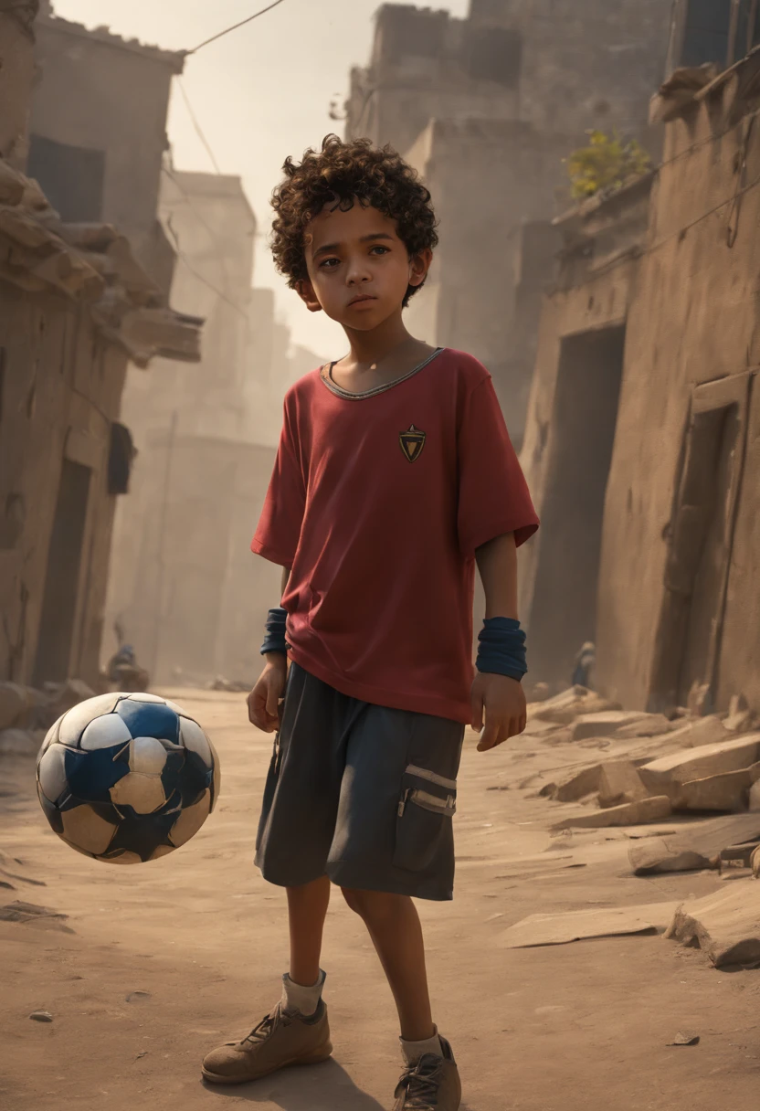 A poor egyptian boy in a favela in cairo drawn by Todd McFarlane and Greg Capullo, he is wearing old and torn clothes, he is playing with a soccer ball, favela in Rio de Janeiro in the background, robert downey jr reference, unreal engine, octane render, by Jacob Lawrence and Francis picabia, perfect composition, beautiful detailed intricate insanely detailed octane render trending on artstation, 8 k artistic photography, photorealistic concept art, soft natural volumetric cinematic perfect light, chiaroscuro, award - winning photograph, masterpiece, oil on canvas, raphael, caravaggio, greg rutkowski, beeple, beksinski, giger, nice perfect face with perfect face, the detail, highly detailed, realistic photo