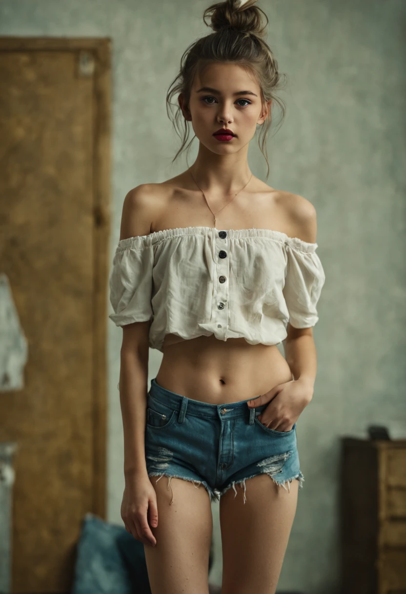 1girl, 16 years old, idol, , collarbone, ,standing, photography, film, depth of field, skin texture,, topknot, long hair, messy hair, , cute beautiful perfect face , 14 years old, camera gaze, cotton panties, leg panties, realistic, cowboy shot, studio shot, thigh gap, (crotch), full body, necklace, off shoulder, (short and tight unbuttoned blouse), lips, realistic, nose, flirting with camera, thigh gap