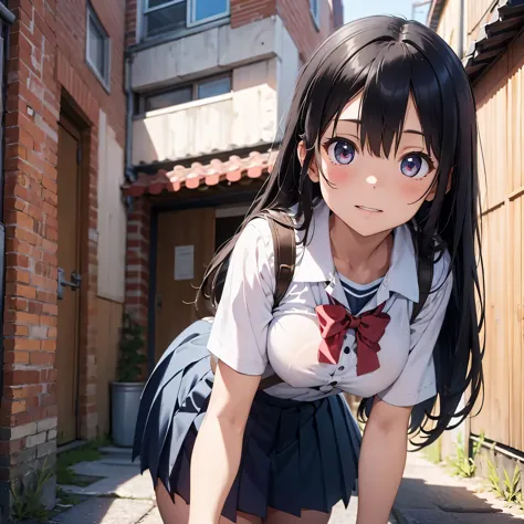 (masterpiece:2.0), (highest quality:2.0), (lean forward in an alley:1.5), (Extremely short schoolgirl uniform:1.5), (super sexy ...