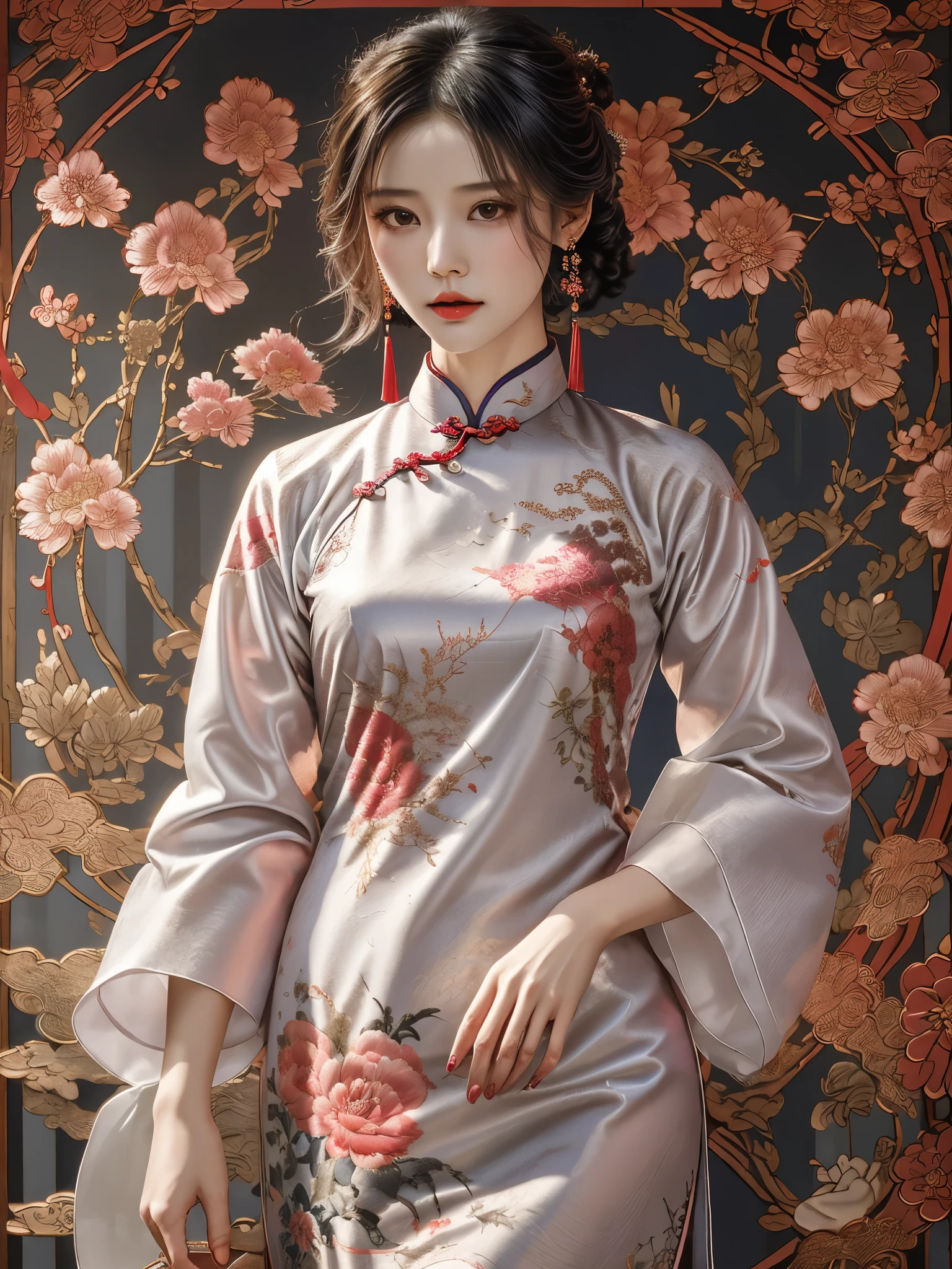 （Beautiful girl wearing cheongsam），（Pastel and toned，pink，Purple，Blue，light green，Peach brown，Red，）Combination of warm and cool colors，The picture will look colorful and unusual，Chinese cheongsam pattern magpie、peanuts、pomegranate，Western-style pattern，Includes plaid、stripe、Polka dots，Embroidery adds beauty to cheongsam，The composition of Cantonese embroidery is complex but not chaotic，Hunan embroidery takes Chinese landscape painting as its theme，&quot;Embroidery can create fragrance，The embroidered bird can hear，Embroidery can convey the spirit。&quot;There are more than a hundred kinds of traditional stitches in Shu embroidery.，Thin and rigorous。Su embroidery &quot;flat&quot;、Light、even、even、and、Shun、thin、Dense，Hand carved dragon and phoenix，wishful，bat，Flower and other patterns，Disc buckle，Cheongsam placket style single placket、double lapel、Slanted placket，some fine jewelry，such as earrings、Necklaces etc.，to highlight personality charm，The shoes and bags of the cheongsam also need to match the overall look.