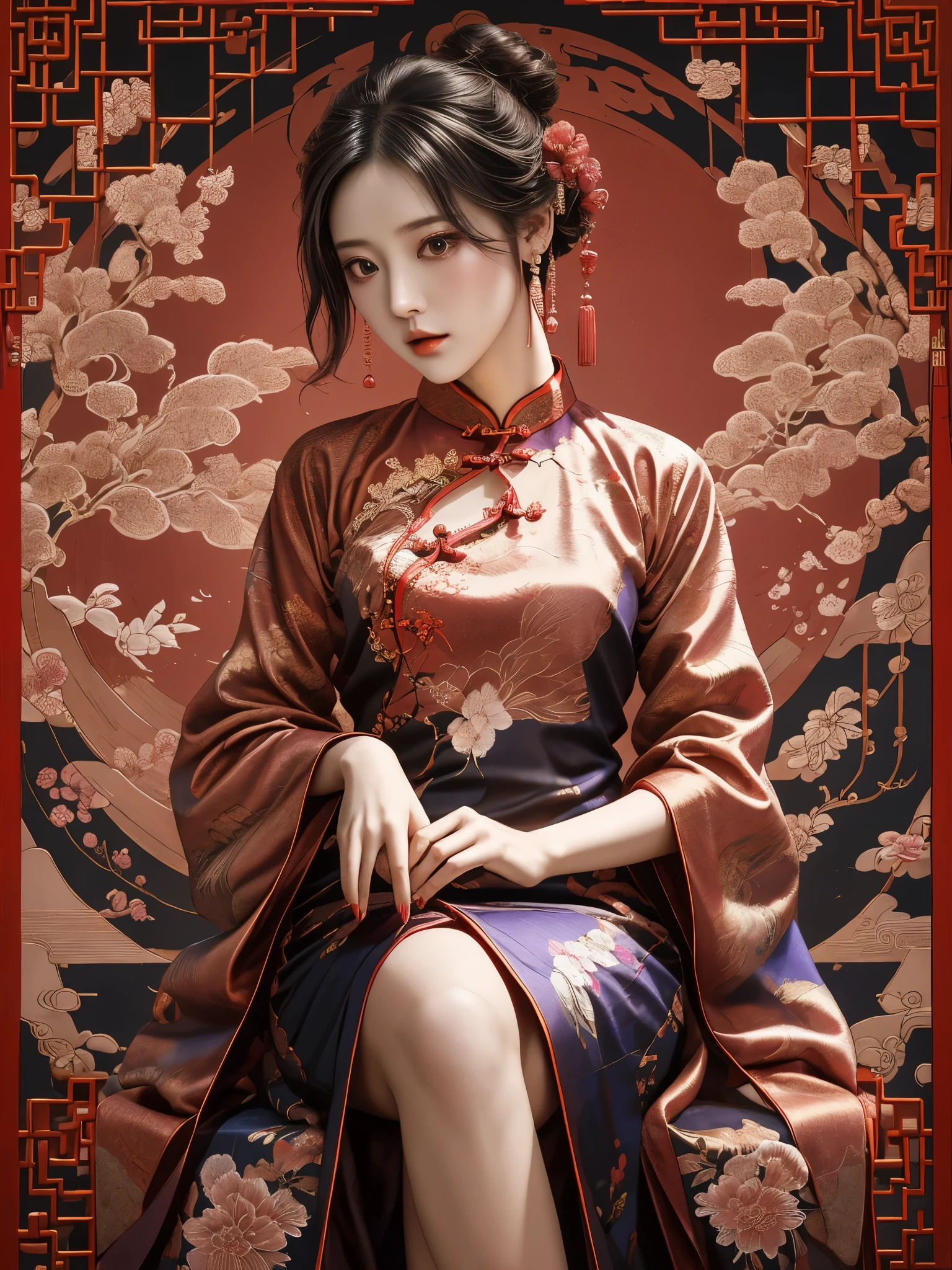 （Belle fille portant un cheongsam），（柔Et色调的，rose，violet，bleu，Vert clair，Brun pêche，rouge，）温暖的颜色Et冷色相结合，The picture will look colorful Et unusual，Pie à motif cheongsam chinois、cacahuètes、Grenade，Modèle de style occidental，Comprend un plaid、Bande、pois，La broderie ajoute de la beauté au cheongsam，La composition de la broderie cantonaise est complexe mais pas chaotique，Hunan embroidery takes Chinese lEtscape painting as its theme，&&quot;;La broderie peut créer du parfum，L&#39;oiseau brodé peut entendre，La broderie peut transmettre l&#39;esprit。&&quot;;Il existe plus d&#39;une centaine de types de points traditionnels dans la broderie Shu..，精mince严谨。Ce sont des broderies &&quot;;plat&&quot;;、Lumière、même、même、Et、éviter、mince、dense，HEt carved dragon Et phoenix，pieux，un，Flower Et other patterns，Boucle disque，Patte simple de style Cheongsam、double revers、Patte inclinée，quelques beaux bijoux，comme des boucles d&#39;oreilles、Colliers, etc..，pour mettre en valeur le charme de la personnalité，旗袍的鞋子Et包包也需要与整体造型相匹配