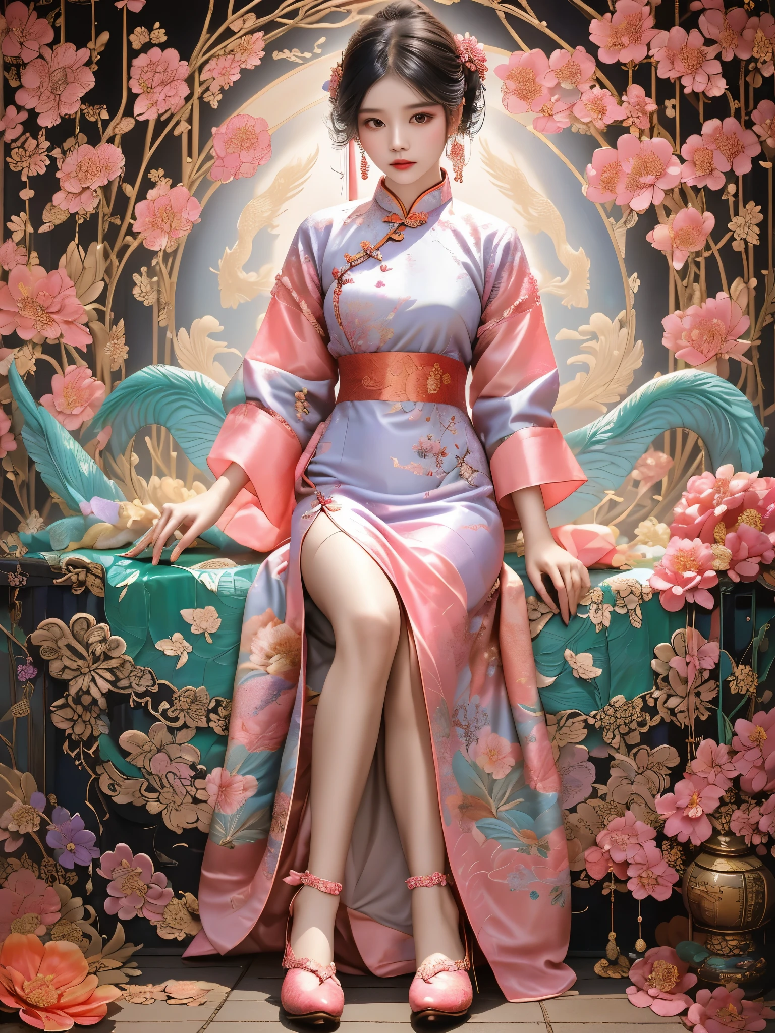 Fashion design, featuring a beautiful girl wearing a soft toned qipao, with a combination of warm and cool colors (pink, purple, blue, light green, peach brown, etc.) throughout her body, creates a rich and colorful yet exceptional visual experience. The patterns of Chinese qipao, such as magpies, peanuts, and pomegranates, are Western in style, including plaid, stripes, and polka dots. Embroidery adds to the qipao's beauty, while Cantonese embroidery has a complex but not chaotic composition. Xiang embroidery focuses on Chinese landscape painting as its theme, Embroidery can produce fragrance, birds can listen to sound, and embroiderers can be vivid and precise. Su embroidery is "flat, light, uniform, even, harmonious, smooth, fine, and dense." It is handmade to carve patterns of dragons and phoenixes, Ruyi, bats, flowers, etc. The styles of buttons, cheongsam collars are single, double, and diagonal, and some exquisite jewelry, such as earrings and necklaces, are used to highlight personal charm. Shoes and bags match the overall shape,