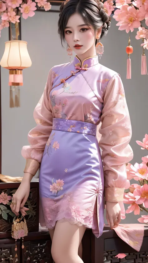 Fashion design, featuring a beautiful girl wearing a soft toned lace patchwork mid length qipao skirt, with a combination of warm and cool colors (pink, purple, blue, light green, peach brown, etc.) throughout her body, creates a rich and colorful yet exce...