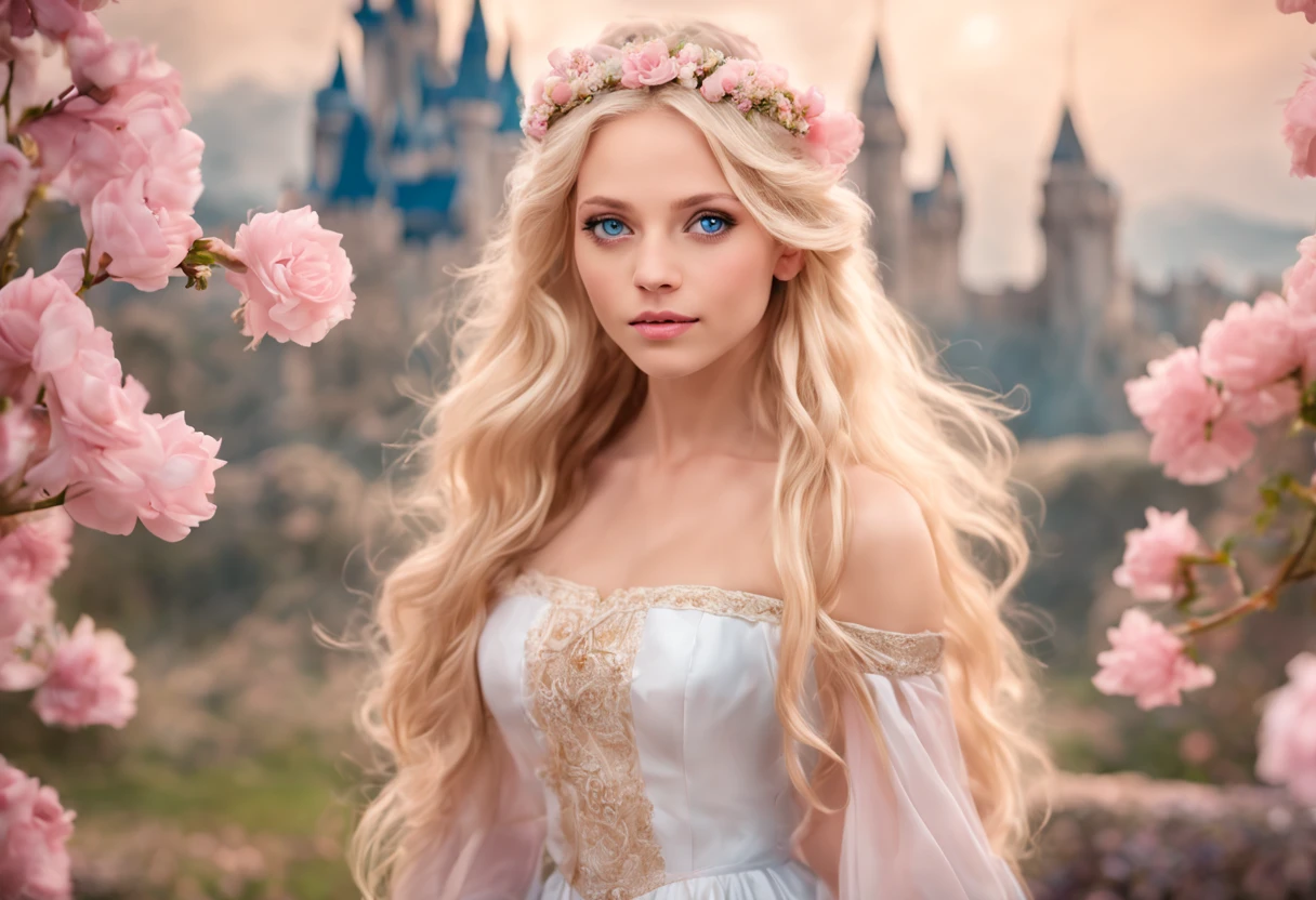 uma linda princesa, cabelo loiro muito longo, olhos azuis, usando um vestido branco com algumas flores rosa claro, ambiente de fantasia com um grande castelo de contos de fadas ao fundo, (em tons suaves: 1.32)