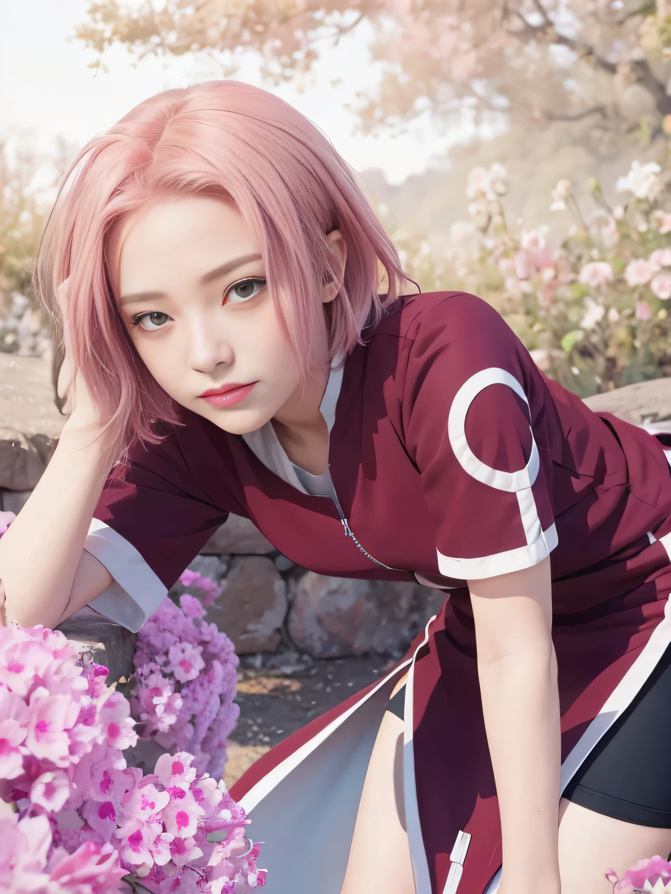 masterpiece, best quality, (realistic,photo-realistic:1.4), (RAW photo:1.2), extremely detailed CG unity 8k wallpaper, delicate and beautiful, amazing,finely detail, official art, absurdres, incredibly absurdres, huge filesize, ultra-detailed,extremely detailed eyes and face,light on face,little smile,(pink hair:1.4),short hair,(wearing red cloths:1.4),green eyes,garden,sakura haruno
