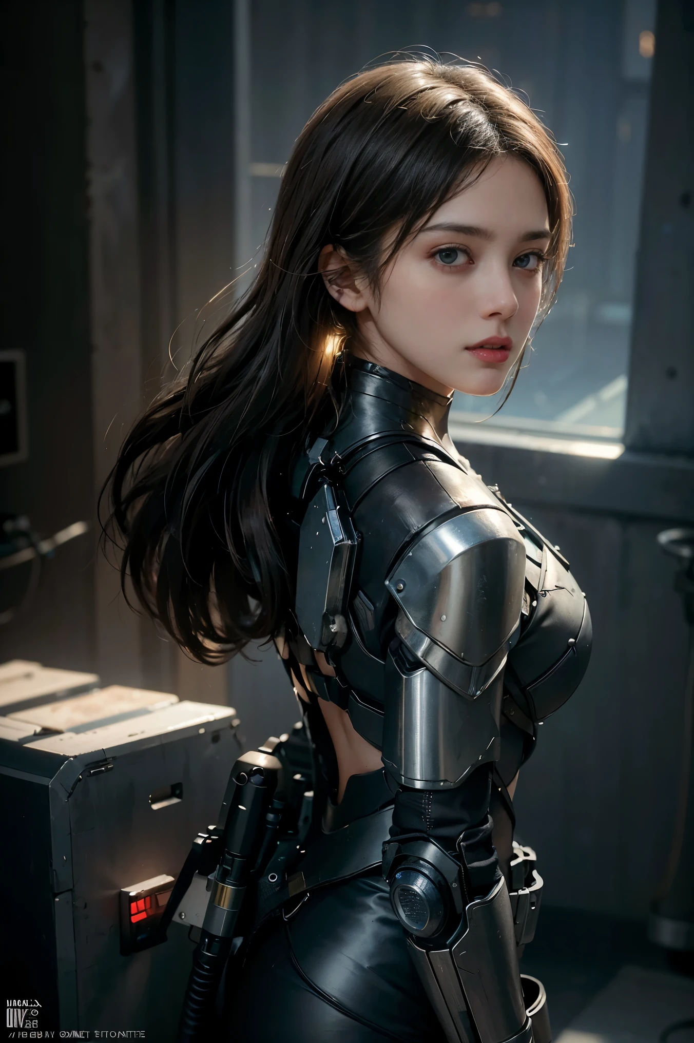 Best quality, super high resolution, beautiful girl as a doomsday killer, (holding very detailed futuristic technology firearms), very detailed hair, 1 girl, super resolution, very detailed face, very detailed light and shadow, ((full body)), with wires around the neck, (vista), realistic sci-fi cyberpunk power armored machine girl, close-up portrait film, 8k, HDR ((complex details, super detailed)), (Backlight: 1.3), (Movie: 1.3), (ArtStation: 1.3)