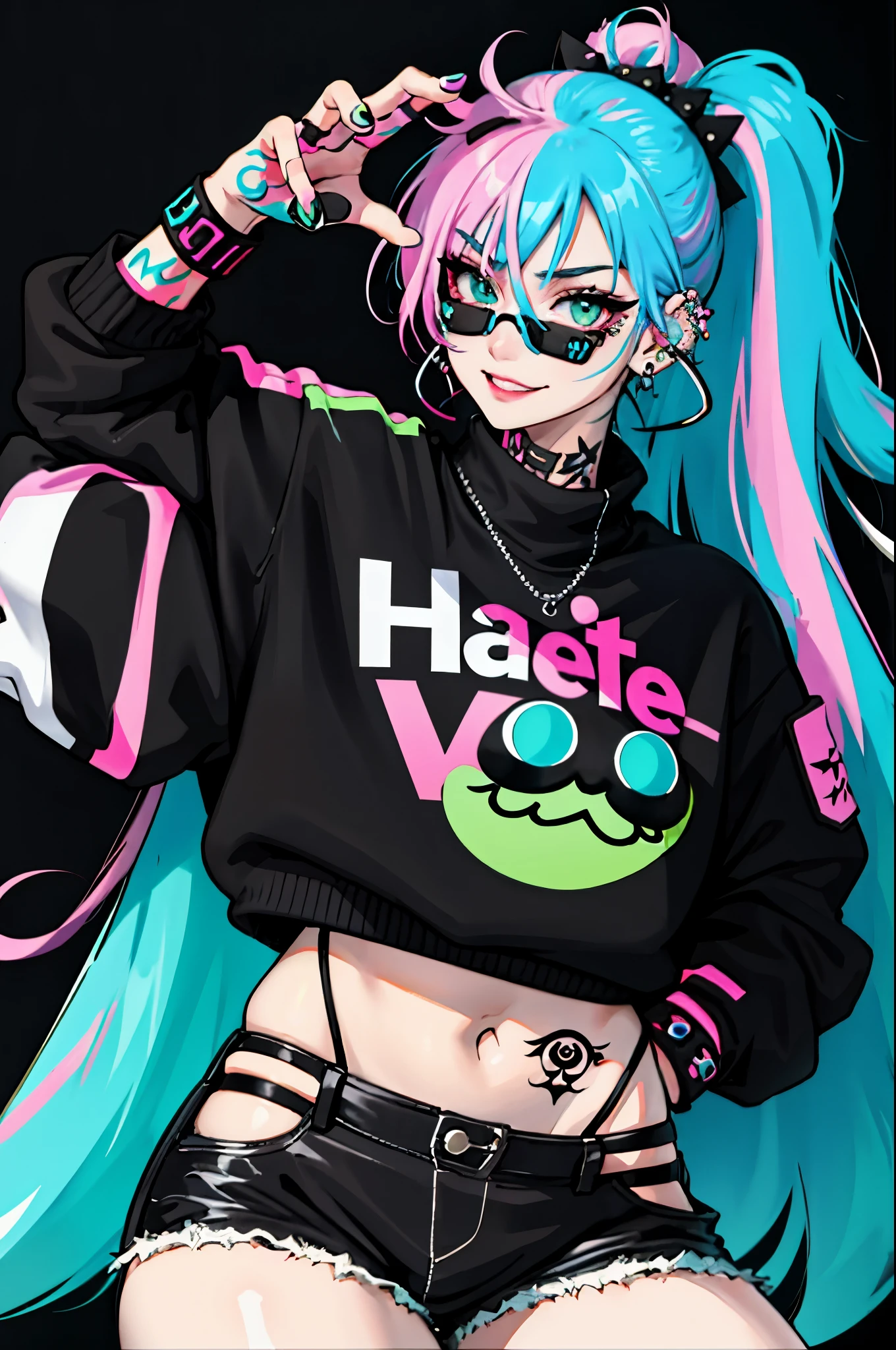 kpop girl with rizz smile face, bad ass, black gloves, bobba shake, neon cyan pink hair, tattoos on hands and neck, piercing, black mixed green striped oversized tomboy ish sweater, cool badass pose, smoke background, colorful smoke background