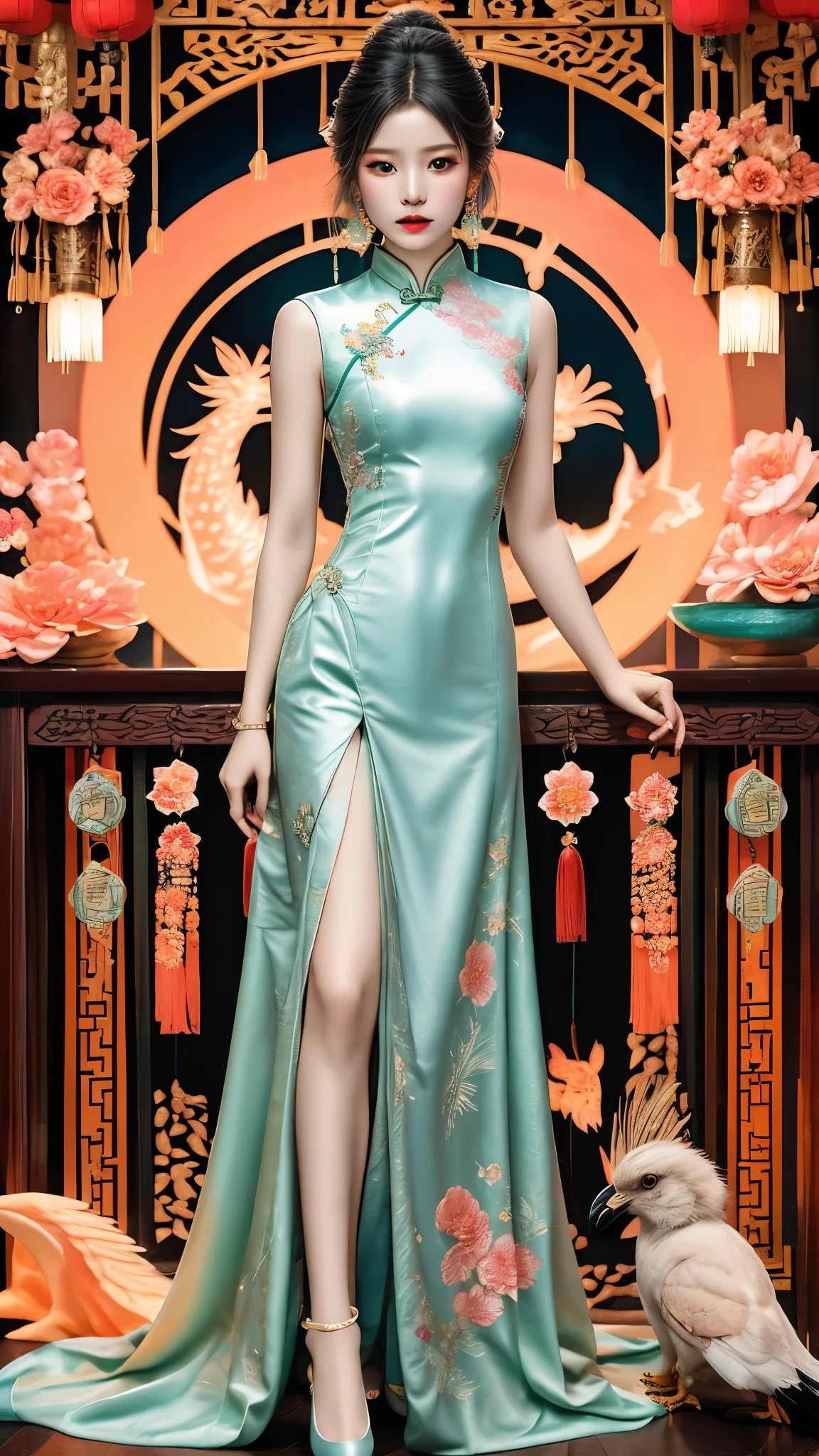 Fashion design, featuring a beautiful girl wearing a soft toned lace long cheongsam, with a combination of warm and cool colors (pink, purple, blue, light green, peach brown, etc.) throughout her body, creates a rich and colorful yet exceptional visual experience. The patterns of Chinese cheongsam, such as magpies, peanuts, and pomegranates, are embellished with plaid, stripes, and polka dots, while the composition of Cantonese embroidery is complex yet not chaotic. Xiang embroidery is based on Chinese landscape painting as its theme, Embroidery can produce fragrance, birds can listen to sound, and embroiderers can be vivid and precise. Su embroidery is "flat, light, uniform, even, harmonious, smooth, fine, and dense." It is handmade to carve patterns such as dragons and phoenixes, Ruyi, bats, flowers, etc. The style of the placket of the cheongsam is single, double, and diagonal, and some exquisite jewelry, earrings, necklaces, shoes, and bags, highlighting individual charm and matching the overall shape,