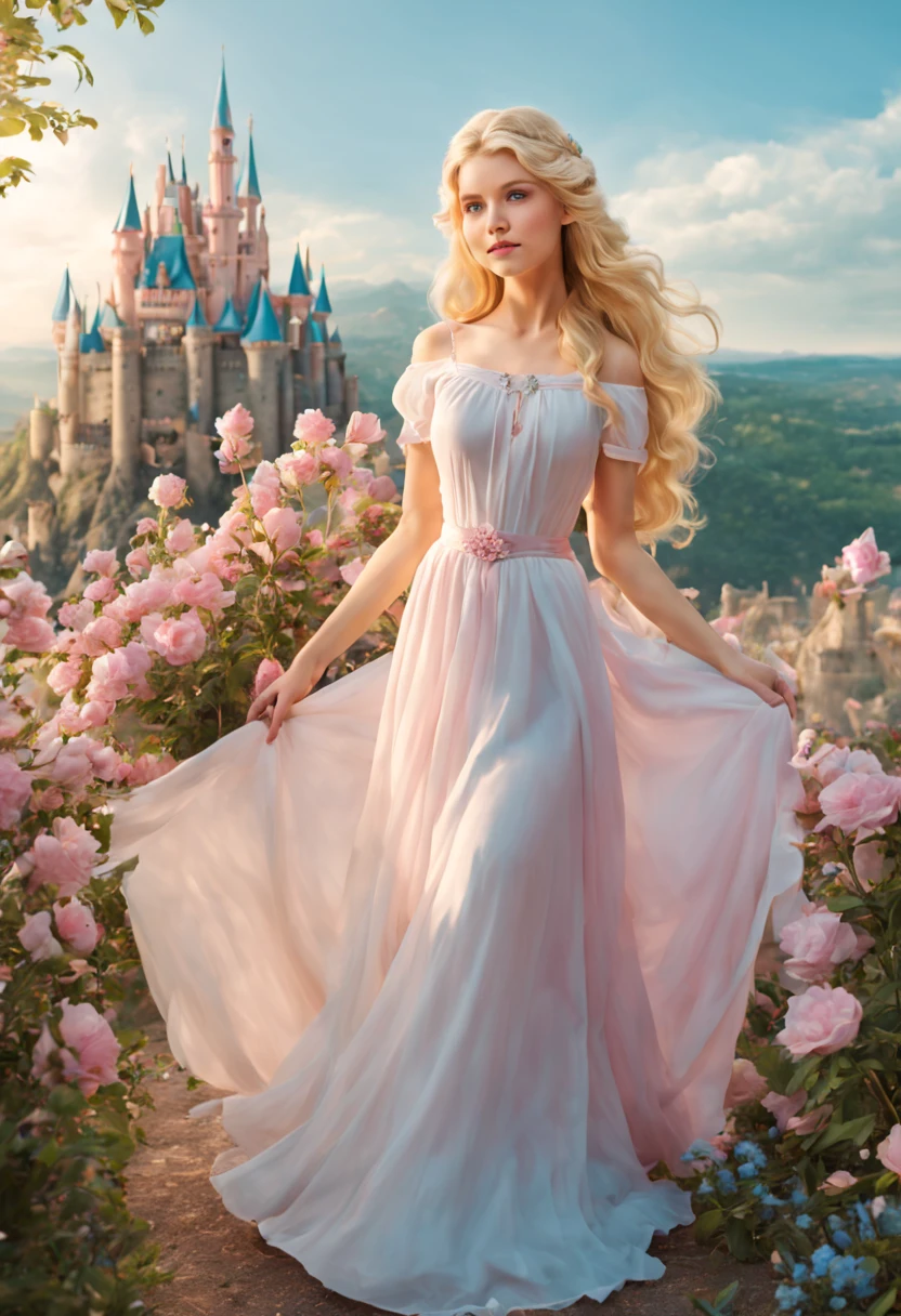 a beautiful princess, very long blonde hair, blue eyes, wearing a white dress with some light pink flowers, fantasy surroundings with a large storybook castle in the background, (in soft color tones: 1.32)