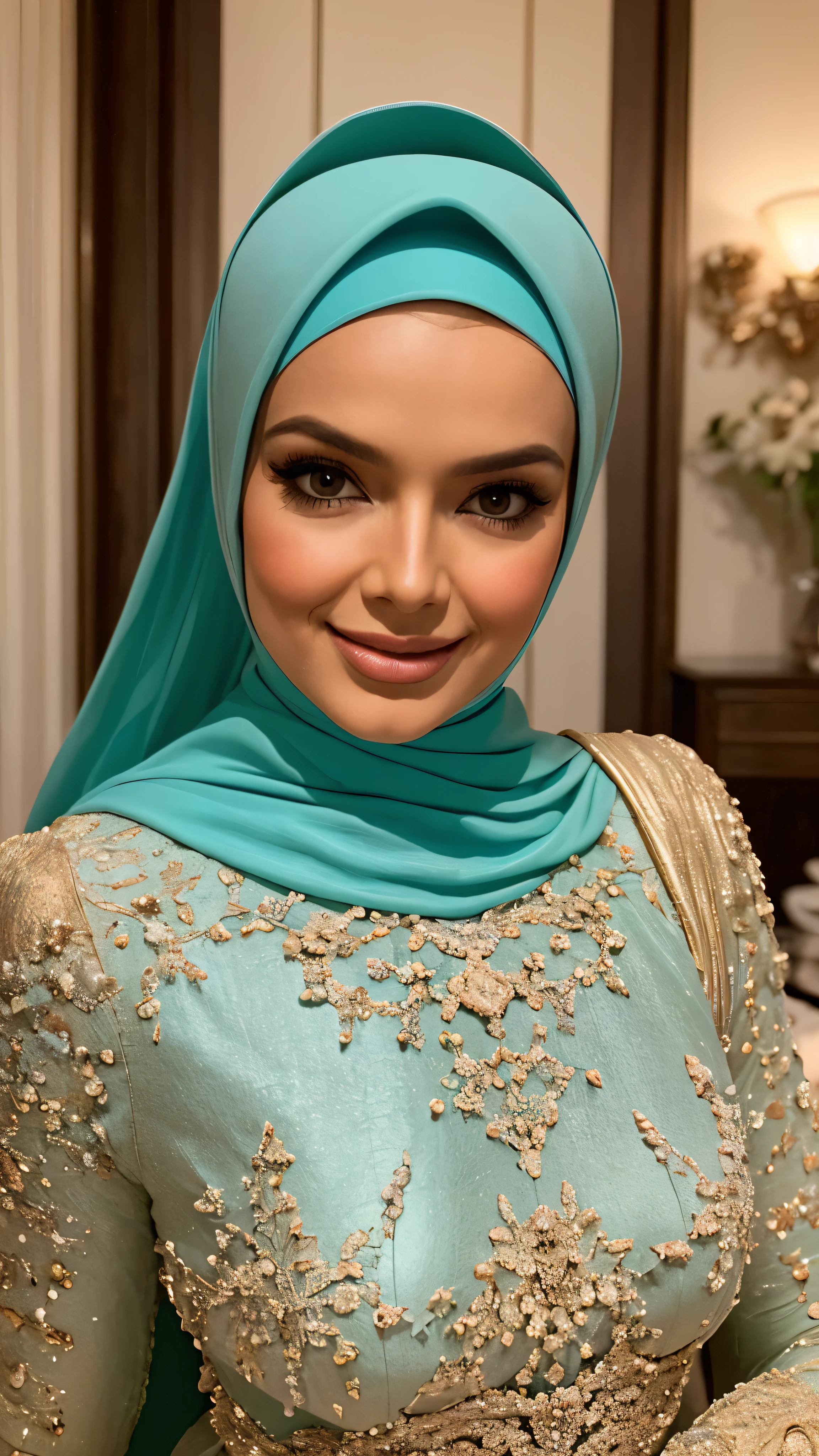 Um close de uma mulher usando um hijab azul e um vestido dourado - SeaArt AI