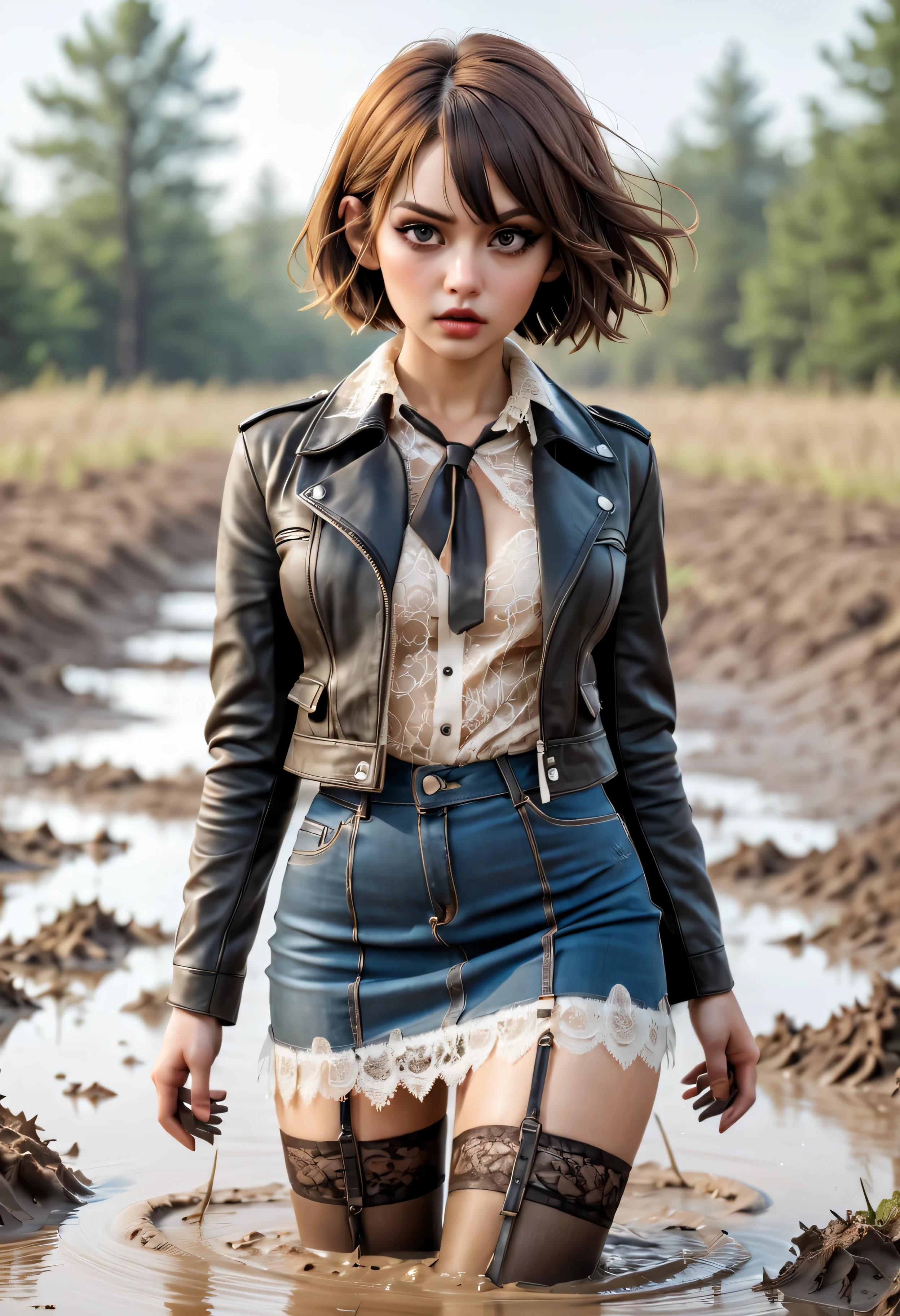 (Best Quality,hight resolution:1.2),The gorgeous hot sexual tension girl,Bob haircut,denim pencil skirt,lace blouse,lace stockings with garters, leather biker jacket, ( drowning in a quicksand bog:1.2),Detailed eyes and face,dramatic lighting,sexual vibe,sexy desperation, [Psychological thriller],sexual ecstasy,