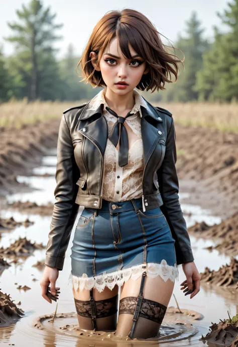 (Best Quality,hight resolution:1.2),The gorgeous hot sexual tension girl,Bob haircut,denim pencil skirt,lace blouse,lace stockin...