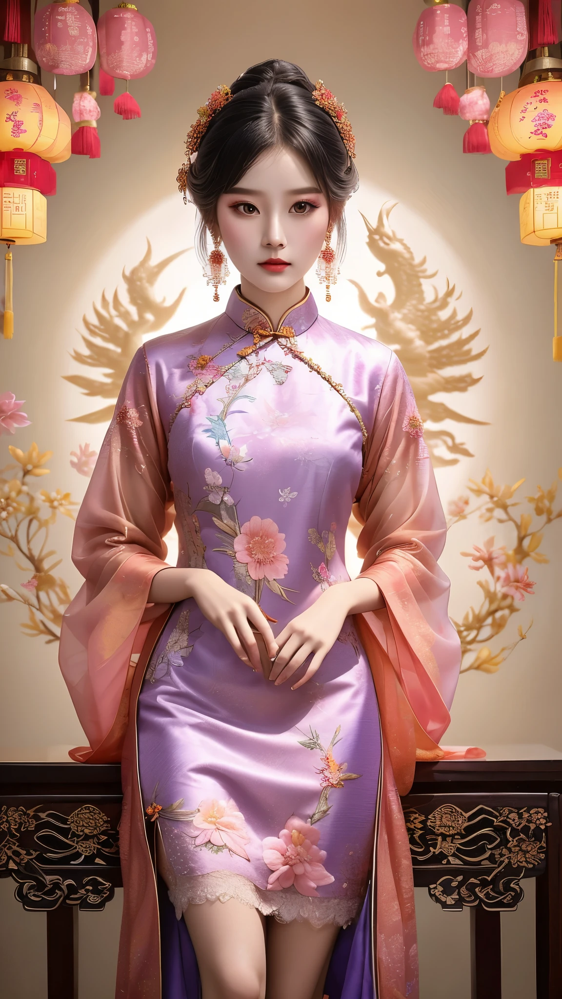 Fashion design, featuring a beautiful girl wearing a soft toned lace long qipao, with a full body (pink, purple, blue, light green, peach brown) and a combination of warm and cool colors, creates a rich and unusual visual effect. The patterns of Chinese qipao, such as magpies, peanuts, and pomegranates, are embellished with plaid, stripes, and polka dots. The composition of Cantonese embroidery is complex but not chaotic, while Xiang embroidery is based on Chinese landscape painting, Embroidery can produce fragrance, embroidery birds can listen to sound, embroiderers can be vivid, precise and precise. Su embroidery is "flat, light, uniform, even, harmonious, smooth, fine, and dense", hand carved with patterns of dragons and phoenixes, Ruyi, flowers, etc. The style of the placket of the cheongsam is single, double, diagonal, and some exquisite jewelry, earrings, necklaces, shoes, and bags, etc., highlighting individual charm and matching the overall shape,