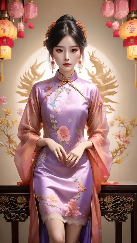Fashion design, featuring a beautiful girl wearing a soft toned lace long qipao, with a full body (pink, purple, blue, light green, peach brown) and a combination of warm and cool colors, creates a rich and unusual visual effect. The patterns of Chinese qi...