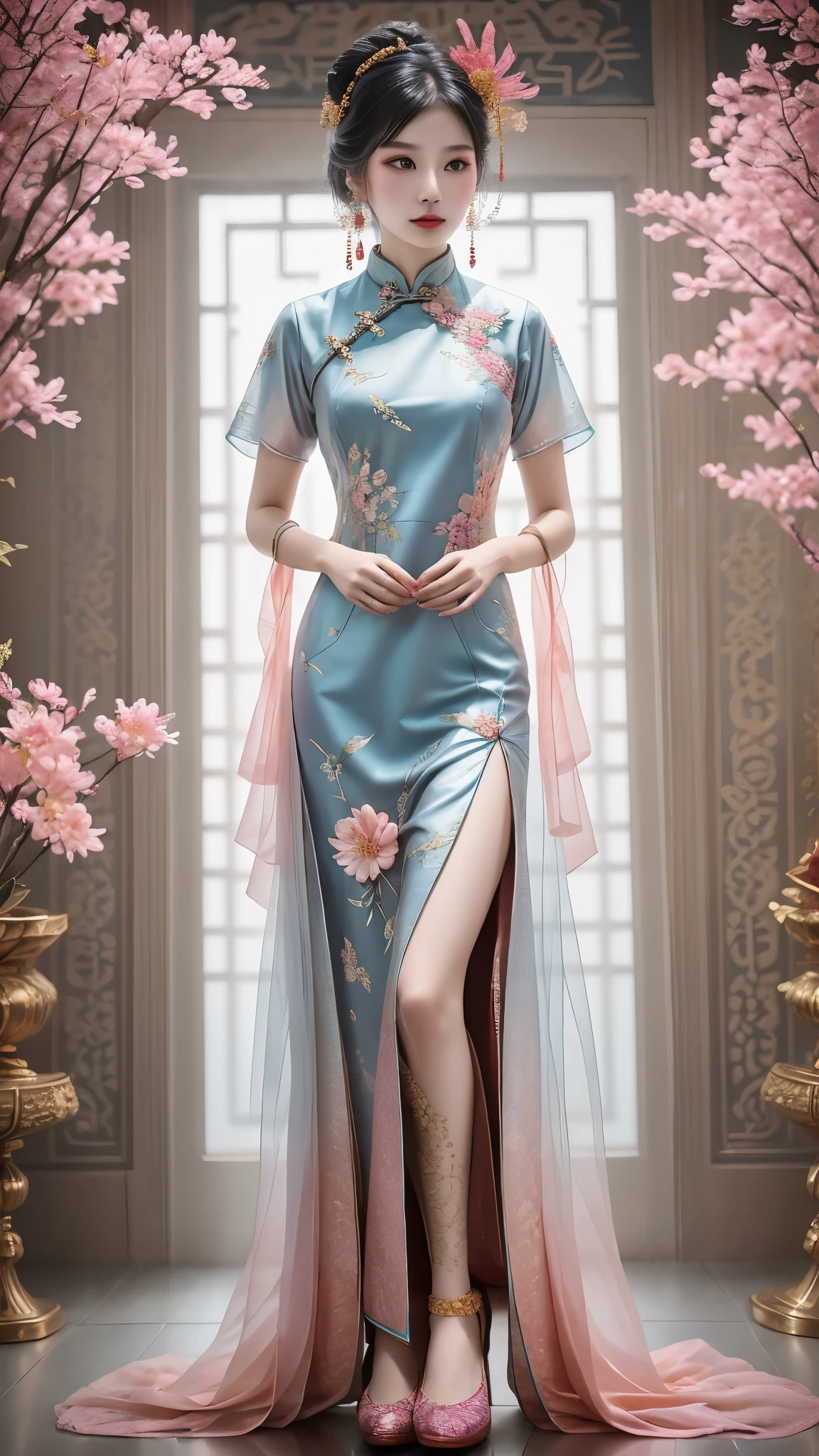 Diseño de moda qipao chino moderno., presenta a una hermosa niña que lleva un qipao largo de encaje en tonos suaves, con un cuerpo completo (rosa, púrpura, blue, luz green, marrón durazno), una combinación de colores cálidos y fríos, Crea una imagen rica y colorida pero extraordinaria.. Los patrones del qipao chino incluyen urracas., miseria, y granadas, con patrones, placas, rayas, y lunares. El bordado realza la belleza del qipao, mientras que el bordado cantonés tiene una composición compleja pero no caótica, El bordado Xiang toma como tema la pintura de paisajes chinos. Embroidering flores can produce fragrance, los pájaros pueden escuchar el sonido, y los bordadores pueden ser realistas, con precisión y rigor. Su bordado es "departamento, luz, uniform, armonioso, Liso, Bien, and dense", hand carved con patrones of dragons and phoenixes, Ruyi, flores, etc.. El estilo de la tapeta del cheongsam es sencillo., doble, and diagonal, con unas joyas exquisitas, pendientes, COLLARES, zapatos, y bolsas, highluzing individual charm and matching the overall shape,