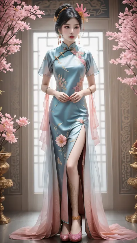 Modern Chinese qipao fashion design, featuring a beautiful girl wearing a soft toned lace long qipao, with a full body (pink, pu...