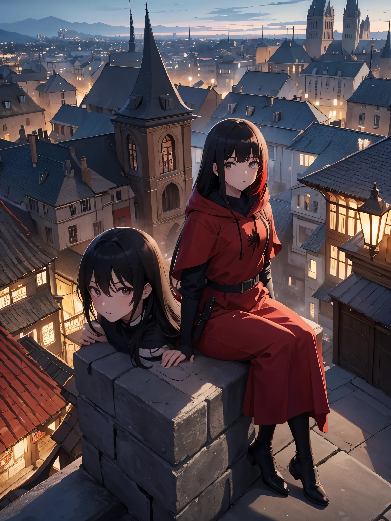 Anime-Illustration、Hohe Auflösung、15 Jahre alt、rote Kapuze, schwarze glatte Haare、mittelalterliche französische Stadt in der Abenddämmerung、Menge von Schatten、Setz dich auf den Boden