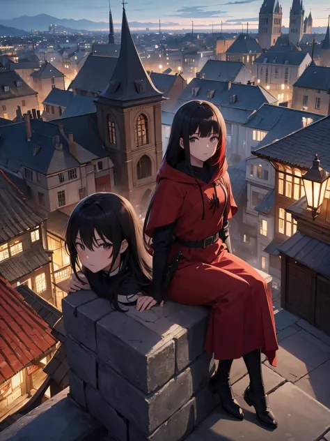 anime illustration、High resolution、15 years old、red hood black straight hair、medieval french city at dusk、crowd of shadows、sit o...