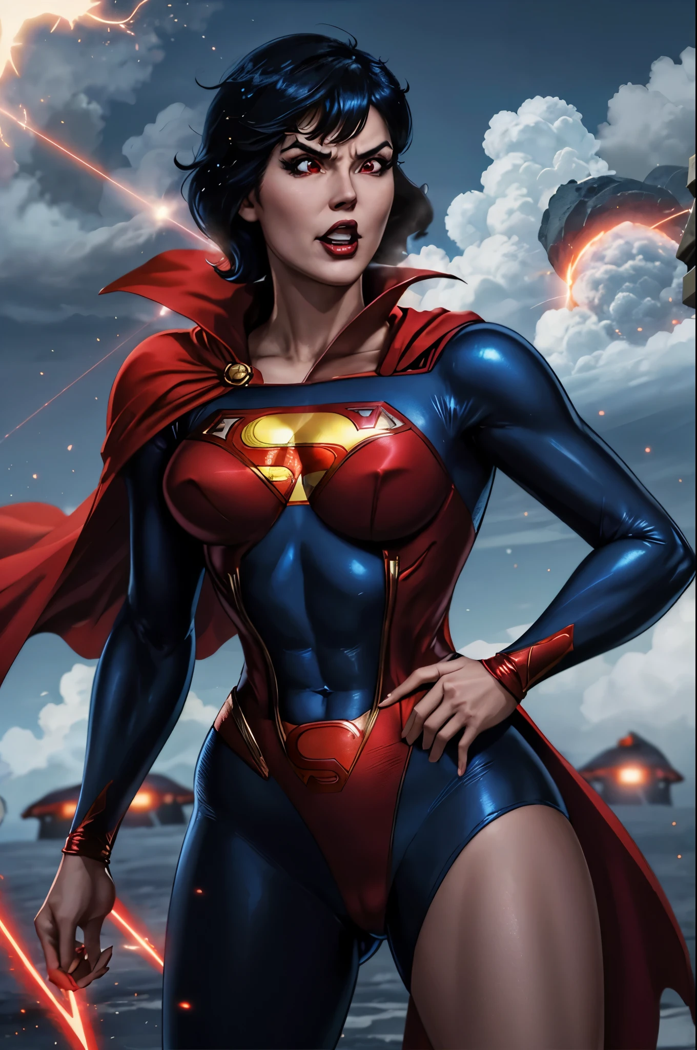 nijistyle, beautiful lady in superman cosrume, short black hair, angry, glowing red eyes, laser eyes, cape, particles, clouds, sky 