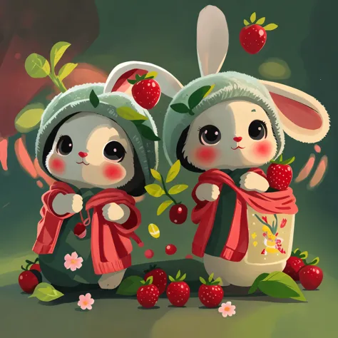 : 3. bunny, realistic, furry animal, apple, black eye, blush, cherry, food, flower, full body, cute little hat, non-human, straw...