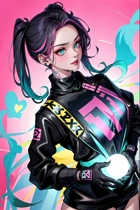 kpop girl with rizz smile face, bad ass, black gloves, bobba shake, neon cyan pink hair, tattoos on hands and neck, piercing, bl...