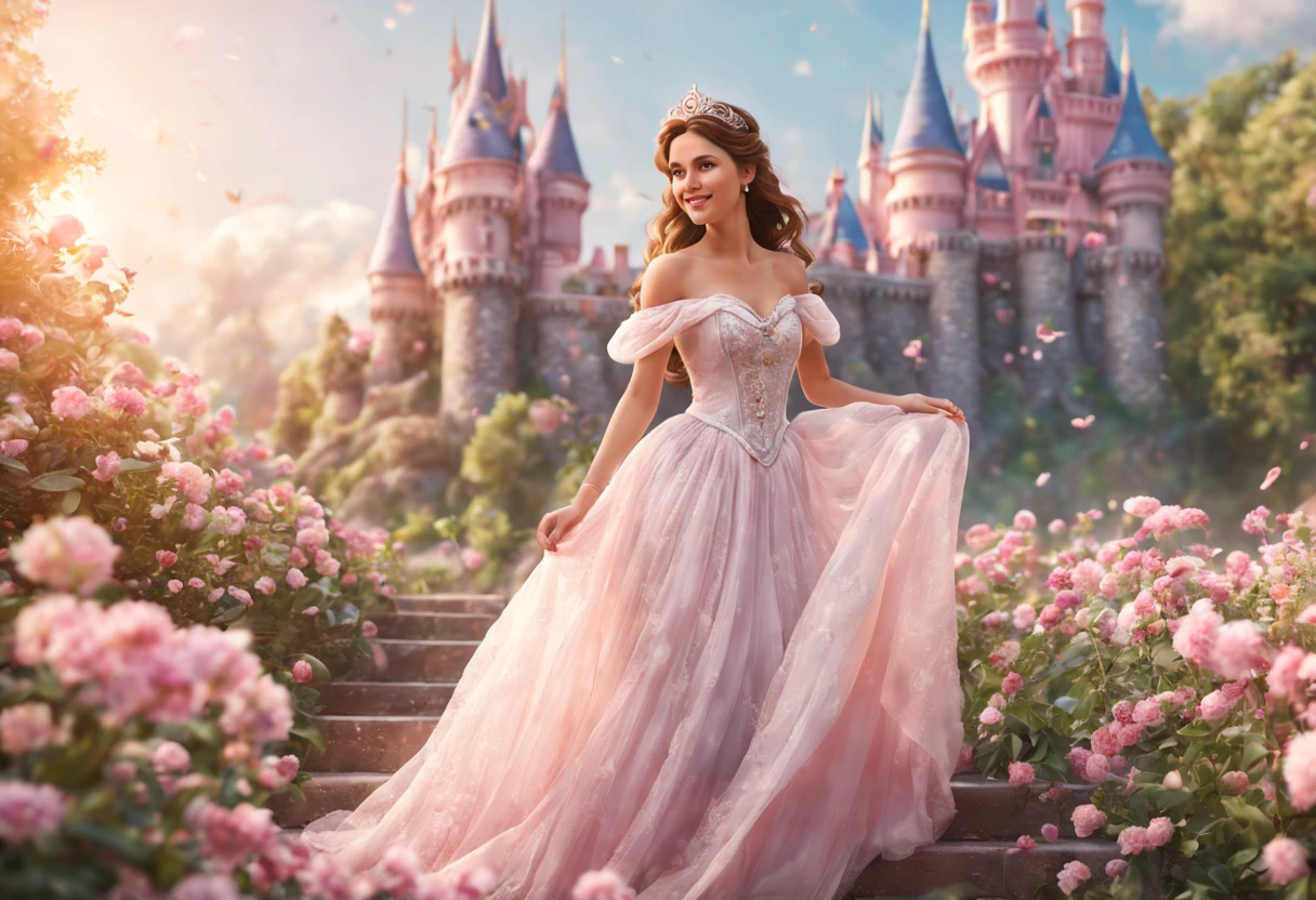 (best quality, 4k, 8k, high resolution, masterpiece: 1.2), ultra detailed, (realistic, photorealistic, photorealistic: 1.37), Disney princess in a white dress with pastel pink flowers, gorgeous fantasy lighting, lady in dress princess, magical concept art, smile like a fairy queen, ethereal fairy tale, fantasy setting with a big fairytale castle in the background, (in very soft color tone: 1.32),